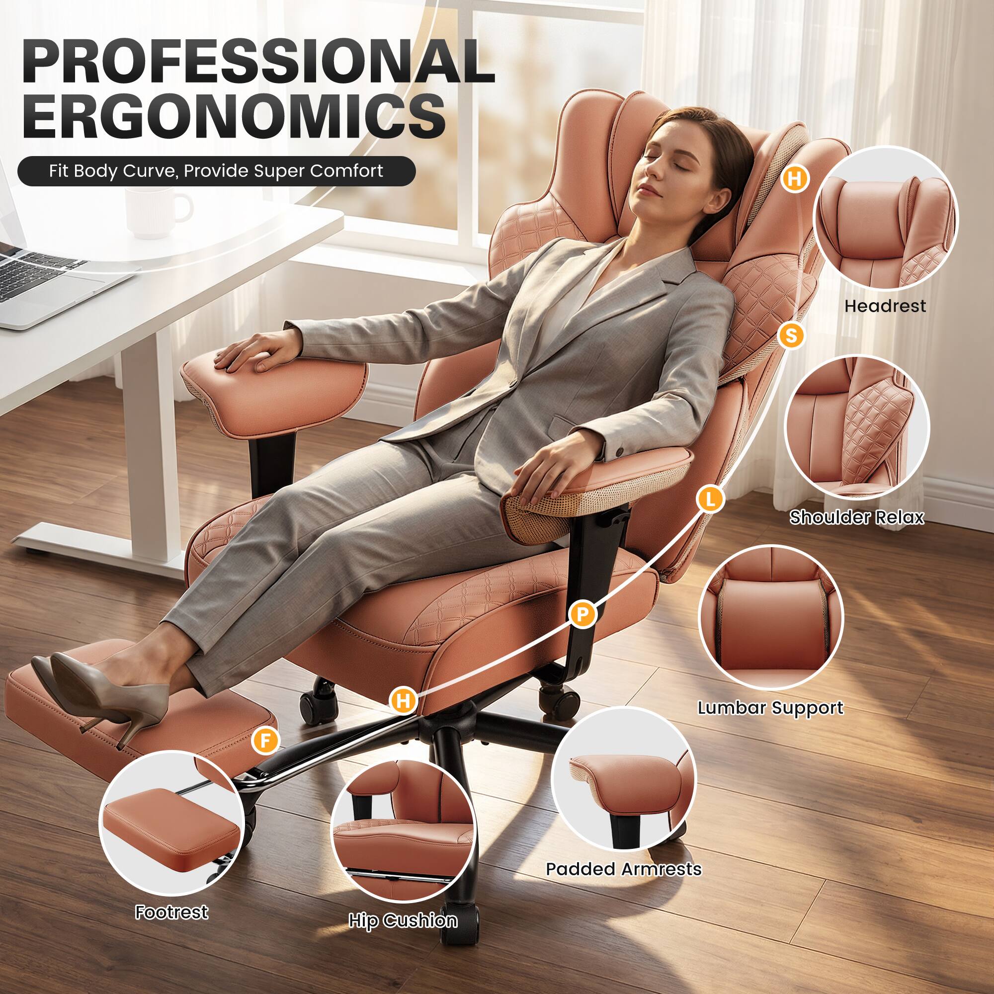 PROFESSIONAL ERGONOMICS  
Fit Body Curve, Provide Super Comfort  

- H: Headrest  
- S: Shoulder Relax  
- L: Lumbar Support  
- P: Padded Armrests  
- F: Footrest  
- Hip Cushion