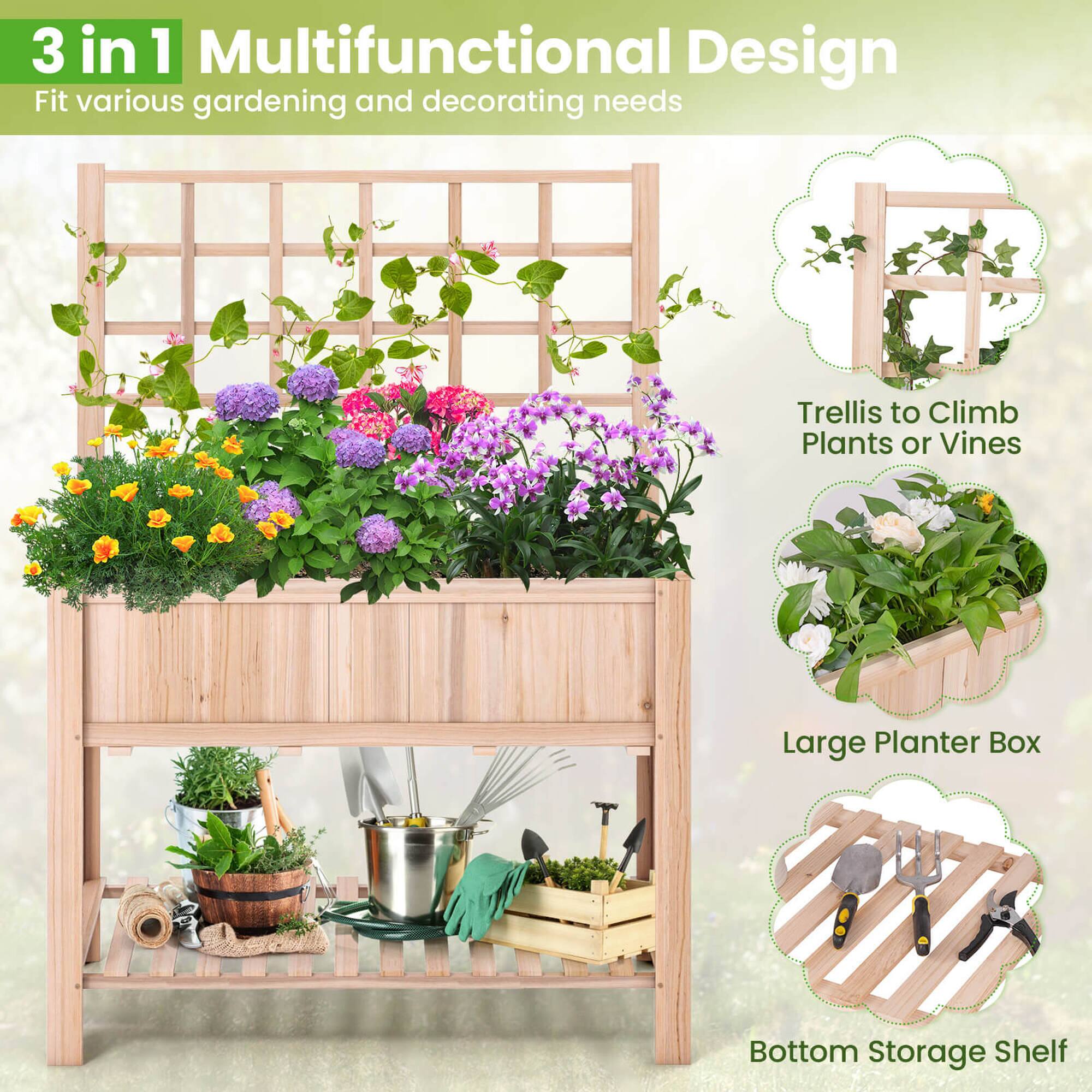The text on the image reads: "3 in 1 Multifunctional Design Fit various gardening and decorating needs Trellis to Climb Plants or Vines Large Planter Box Bottom Storage Shelf."