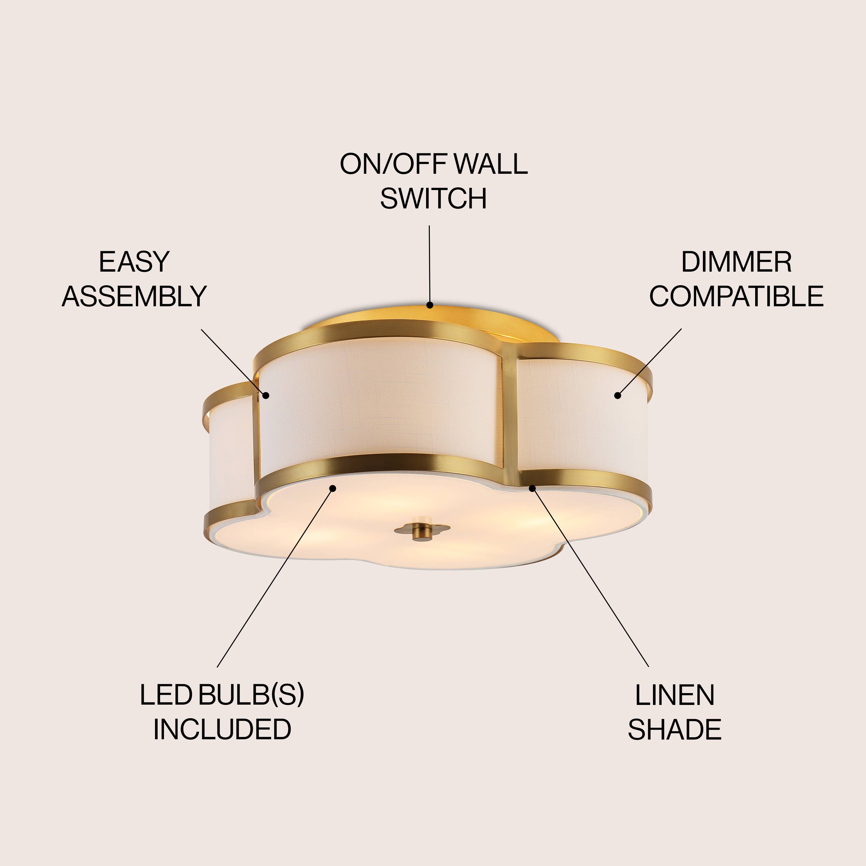 ON/OFF WALL SWITCH  
EASY ASSEMBLY  
DIMMER COMPATIBLE  
LED BULB(S) INCLUDED  
LINEN SHADE