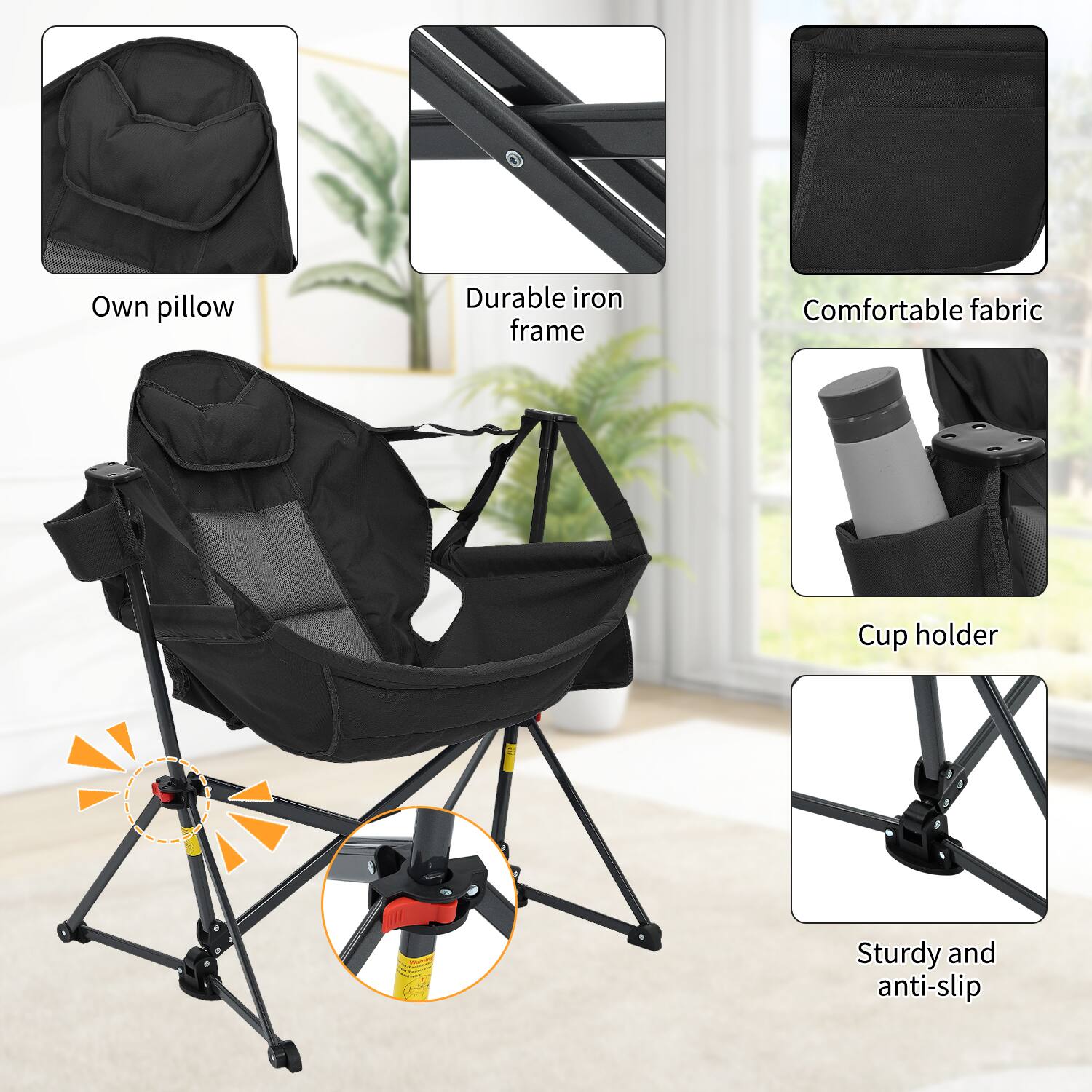 - Own pillow
- Durable iron frame
- Comfortable fabric
- Cup holder
- Sturdy and anti-slip
