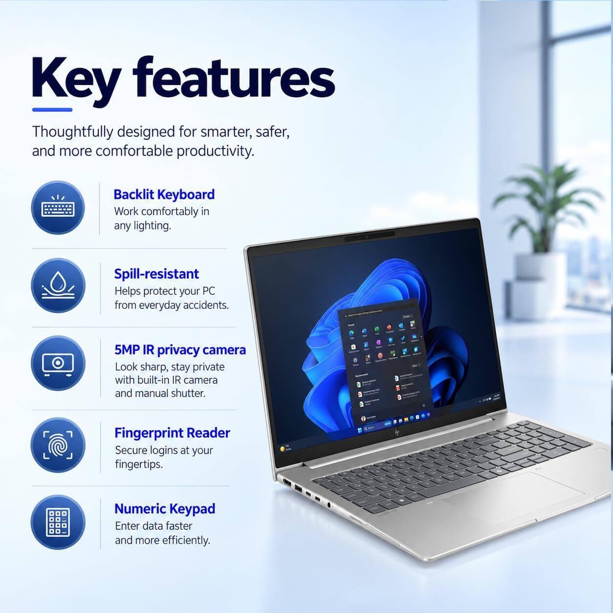 Key features  
Thoughtfully designed for smarter, safer, and more comfortable productivity.  

Backlit Keyboard  
Work comfortably in any lighting.  

Spill-resistant  
Helps protect your PC from everyday accidents.  

5MP IR privacy camera  
Look sharp, stay private with built-in IR camera and manual shutter.  

Fingerprint Reader  
Secure logins at your fingertips.  

Numeric Keypad  
Enter data faster and more efficiently.