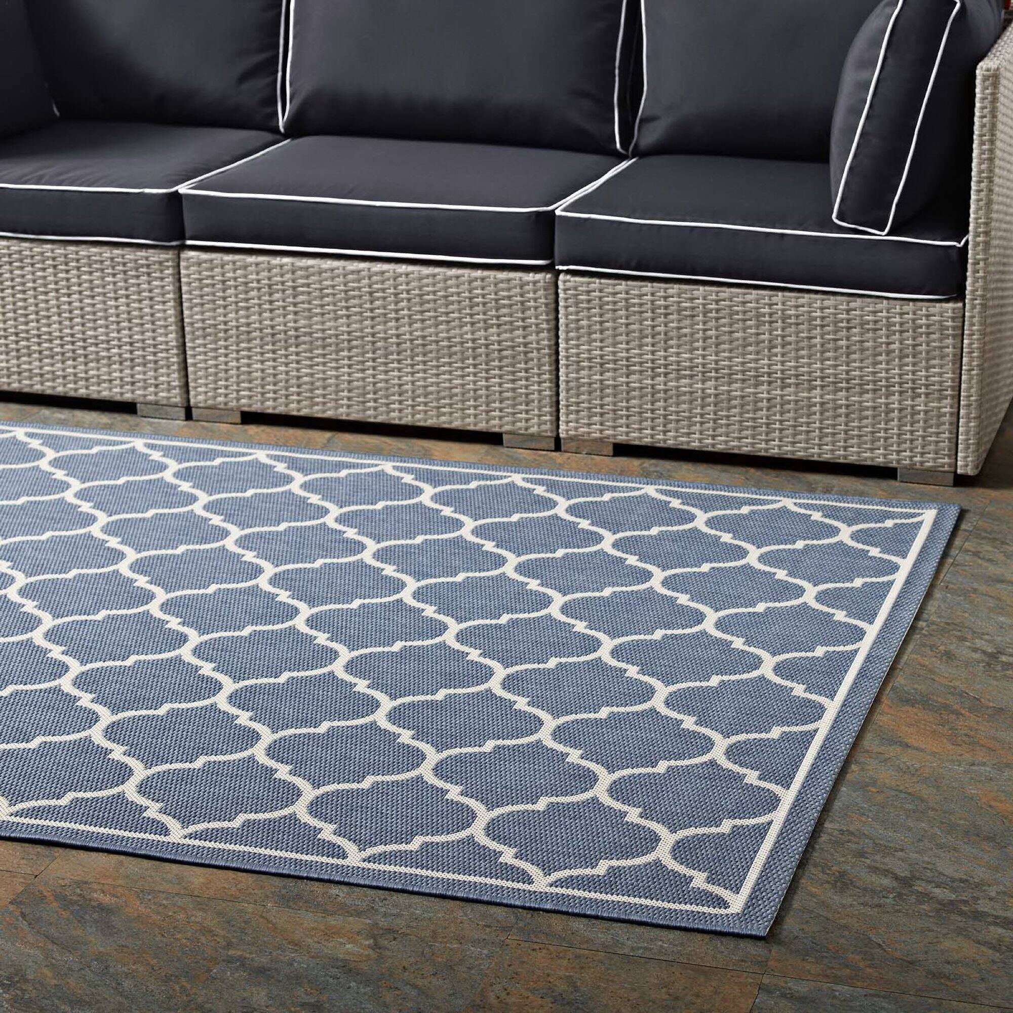 Back. Modway - Avena Moroccan Quatrefoil Trellis Indoor and Outdoor Area Rug - Blue and Beige.