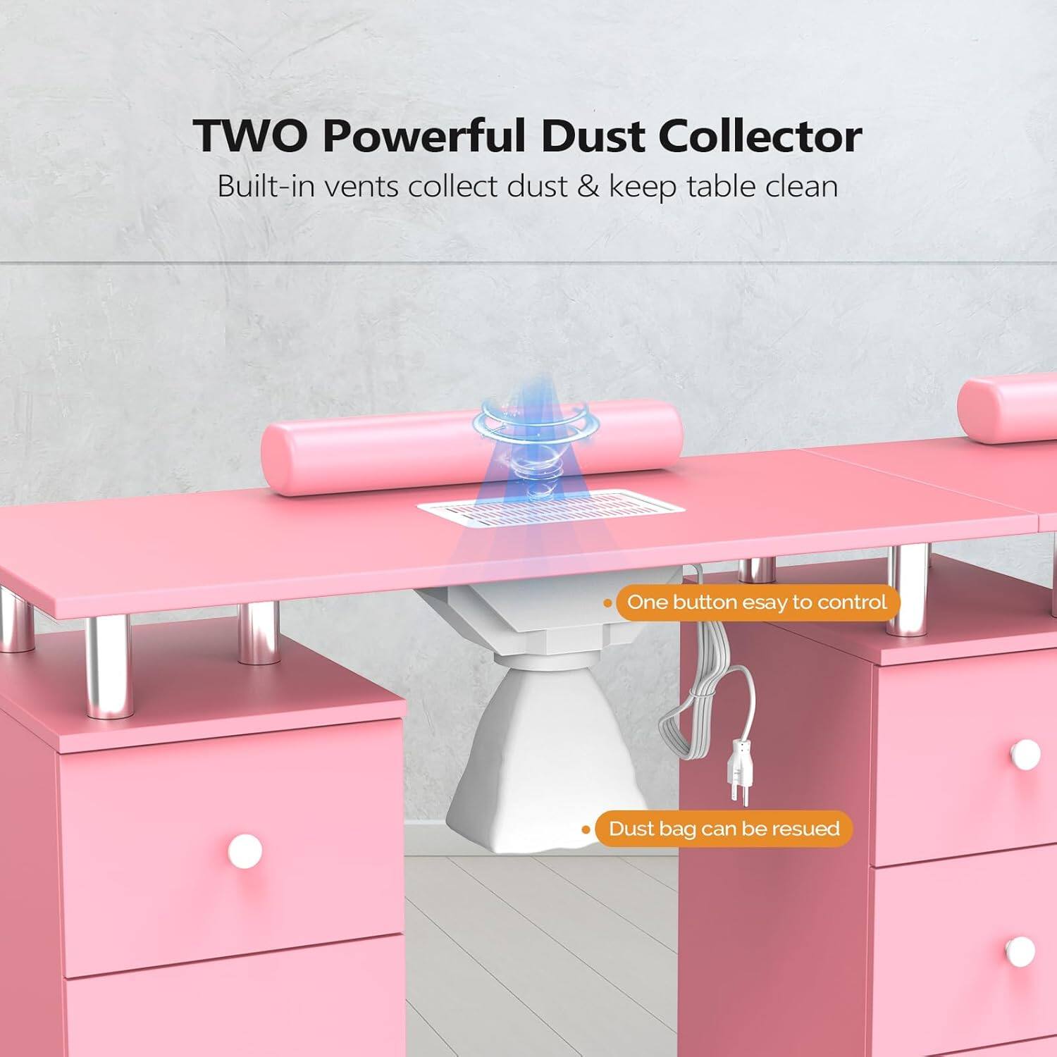 TWO Powerful Dust Collector  
Built-in vents collect dust & keep table clean  

- One button easy to control  
- Dust bag can be reused