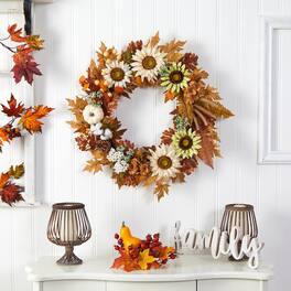 BreeBe - 30” Sunflower, White Pumpkin and Berries Fall Wreath - Green