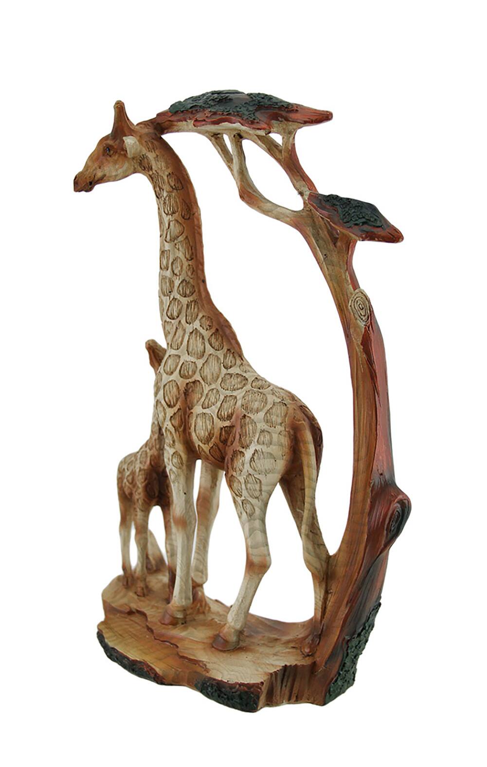 Alt View 1. Zeckos - Giraffe Family Carved Wood Look Resin Statue - Brown.