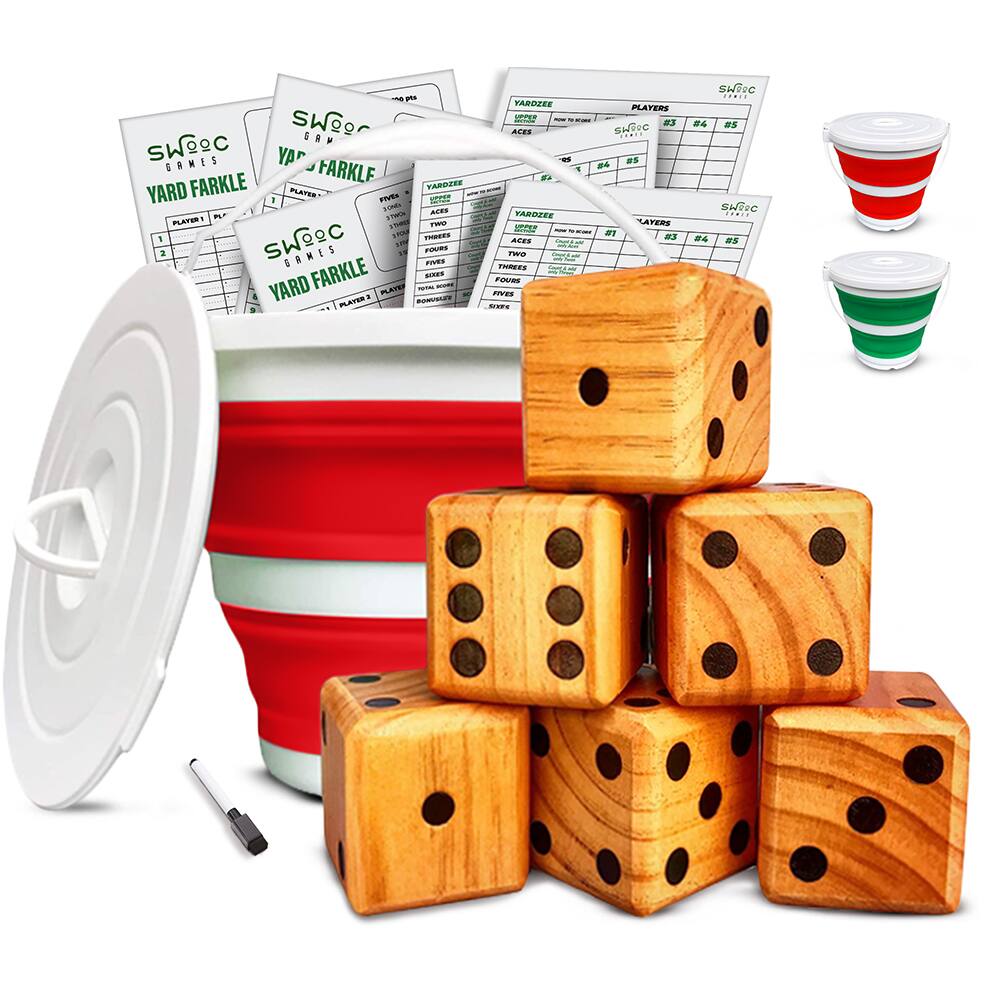 Swooc Games - Yardzee, Farkle & 20+ Games - Classic Shaker Edition (All Weather) with Collapsible Bucket, Lid & Score Cards - Red