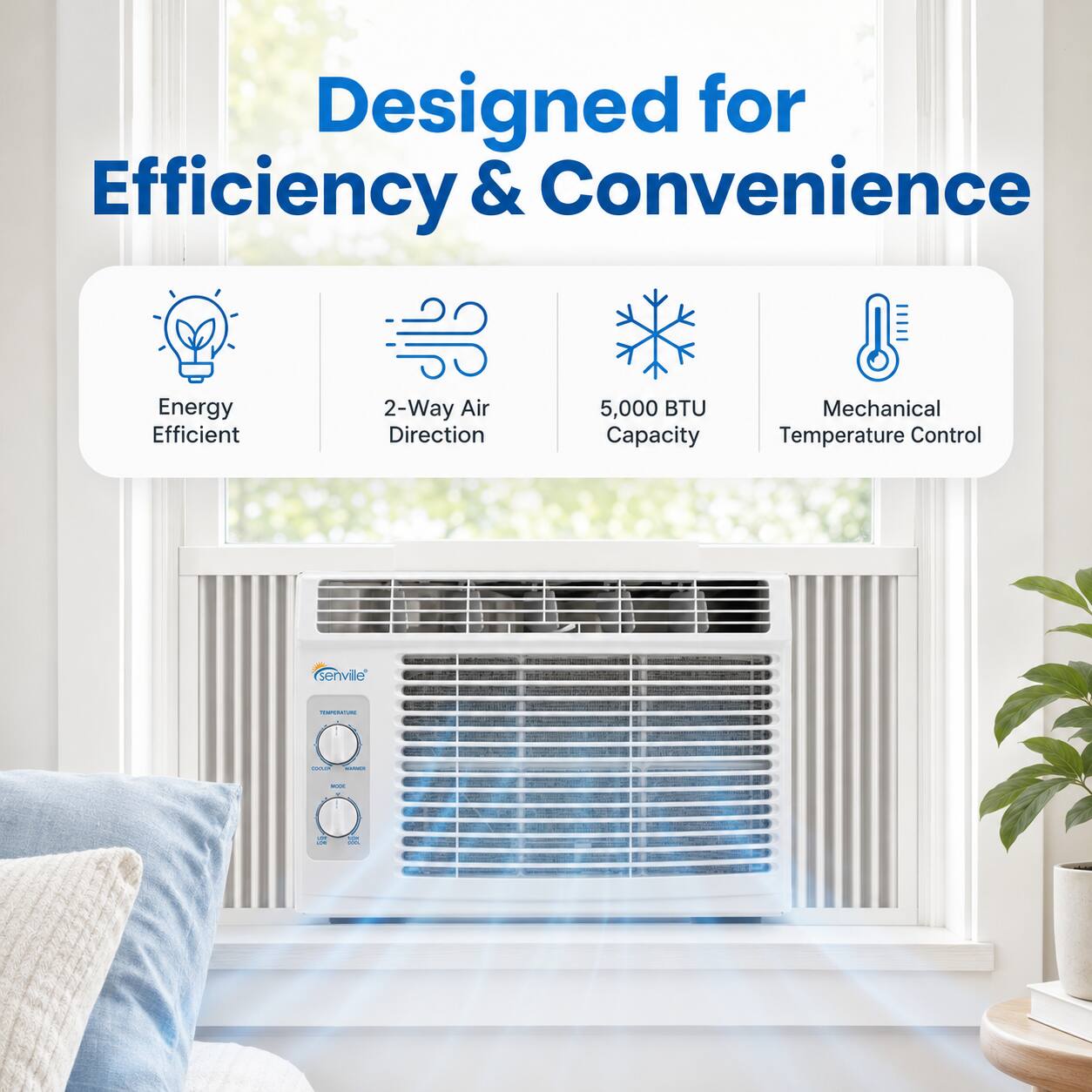 Designed for Efficiency & Convenience  
Energy Efficient  
2-Way Air Direction  
5,000 BTU Capacity  
Mechanical Temperature Control