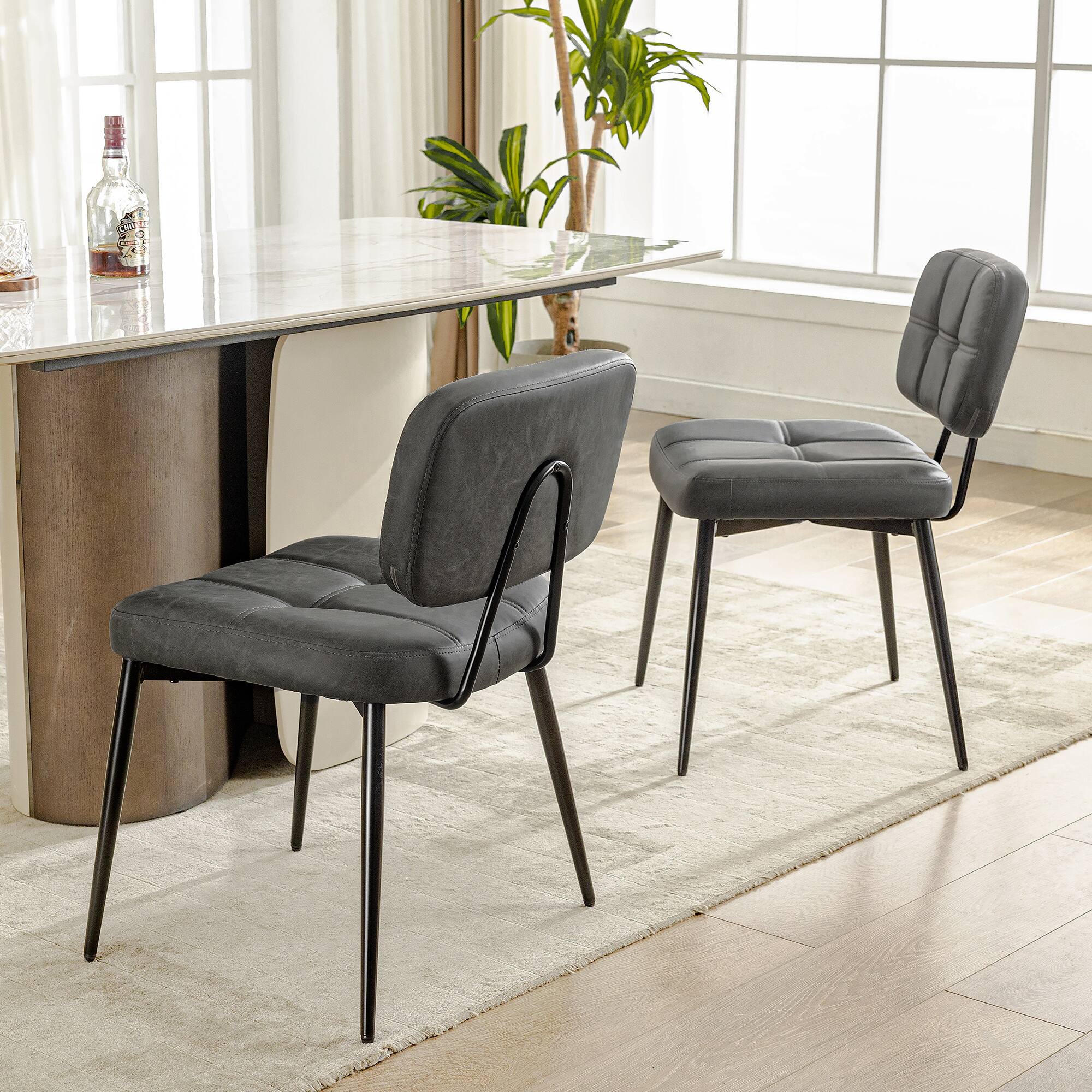 Angle. KERDOM - Mid-Century Dining Chairs Set of 2, Vintage PU Leather Armless Kitchen Chair 2pcs, Thickened Cushion Coffee Corner Chair - Grey.