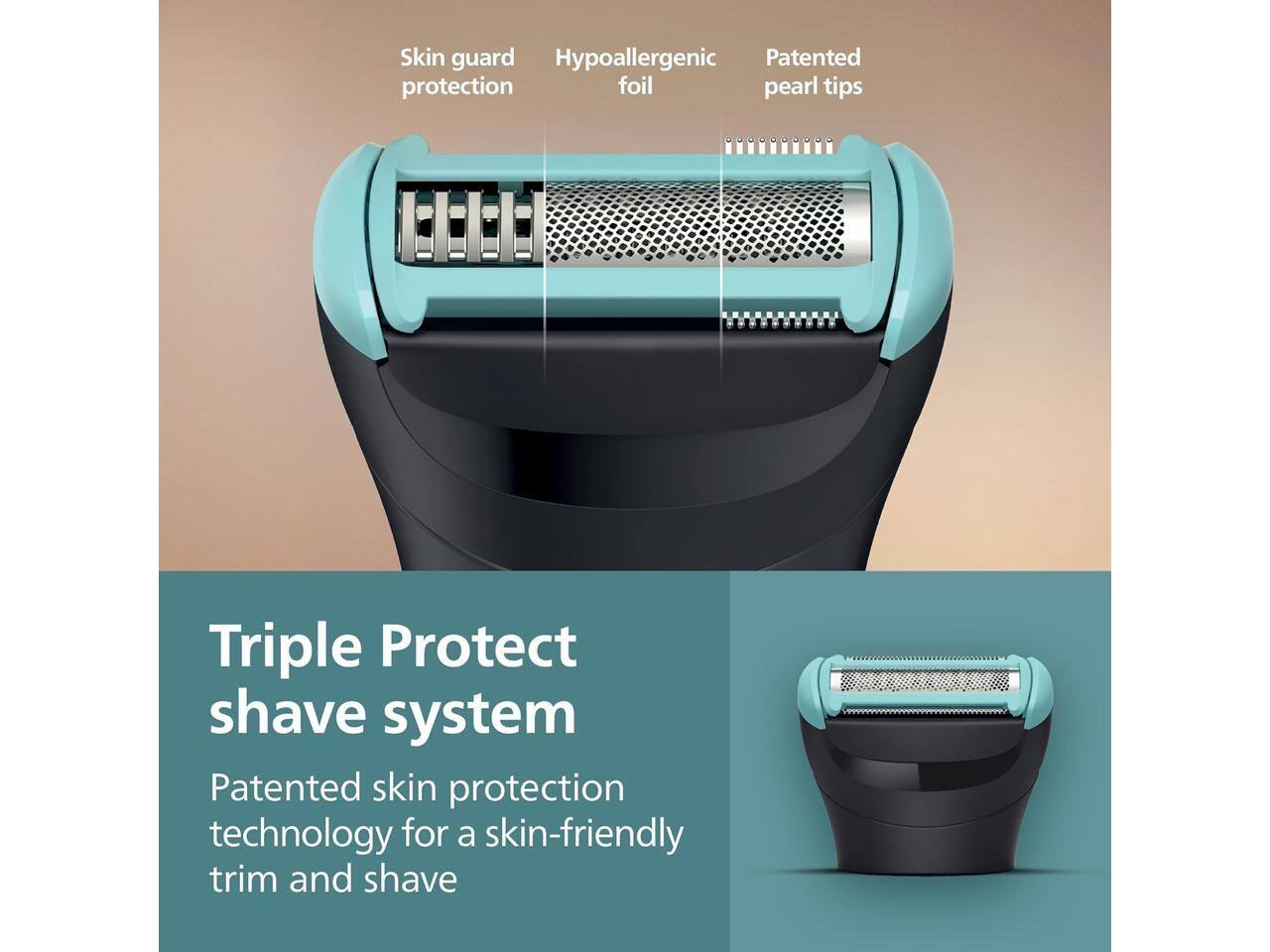 Skin guard Hypoallergenic Patented protection foil pearl tips Triple Protect shave system Patented skin protection technology for a skin-friendly trim and shave