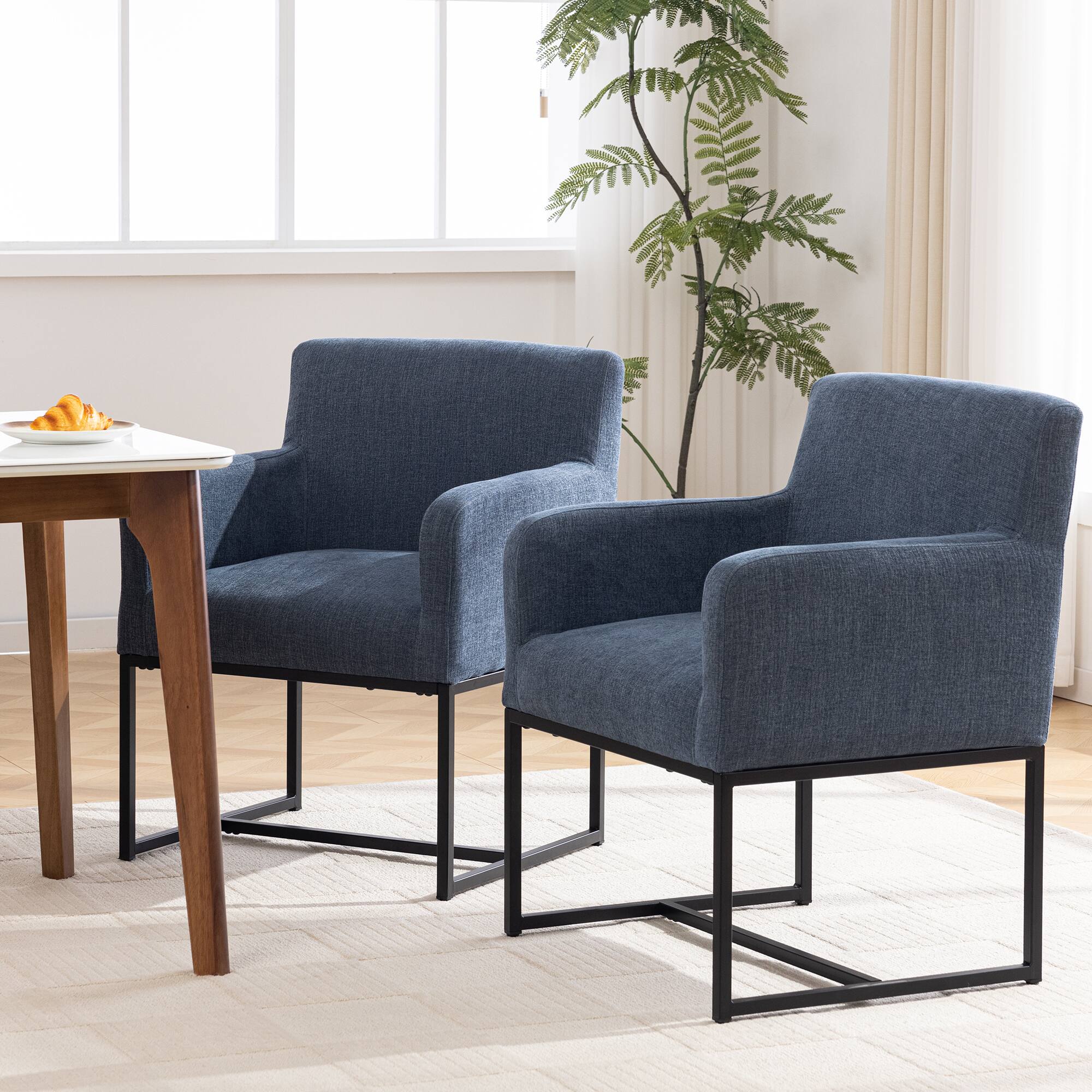 Alt View 2. KERDOM - Linen Padded Dining Chairs with Arms Set of 2, Restaurant Armchairs, Reading Accent Chair, Upholstered Kitchen Chair - Navy Blue.
