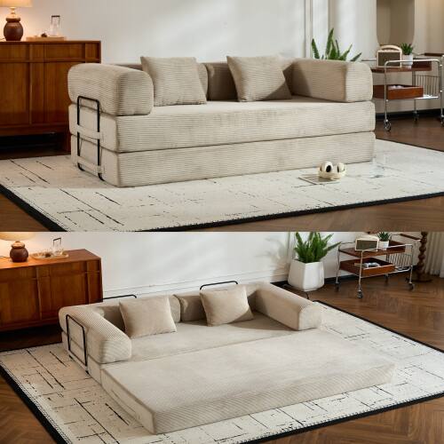 Angle. Anysun - Corduroy Convertible Sleeper Sofa Bed with Cylindrical Pillow - Folding Mattress Couch for Living Room & Bedroom - Beige.