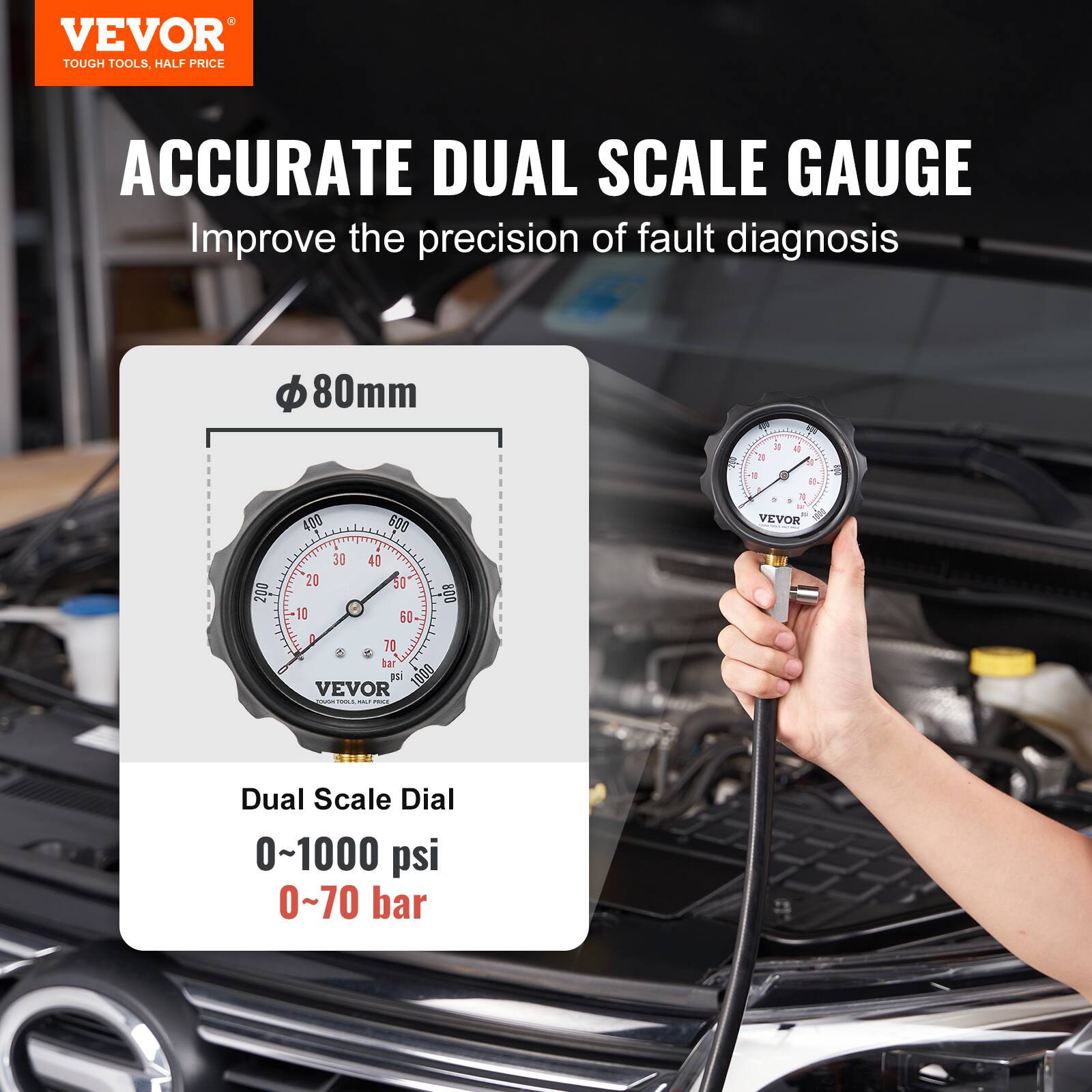 VEVOR TOUGH TOOLS, HALF PRICE  
ACCURATE DUAL SCALE GAUGE  
Improve the precision of fault diagnosis  

Φ 80mm  

Dual Scale Dial  
0~1000 psi  
0~70 bar