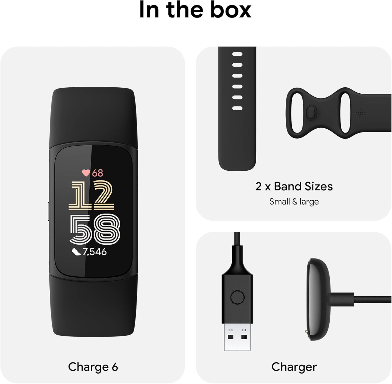 In the box

- Charge 6
- 2 x Band Sizes (Small & large)
- Charger