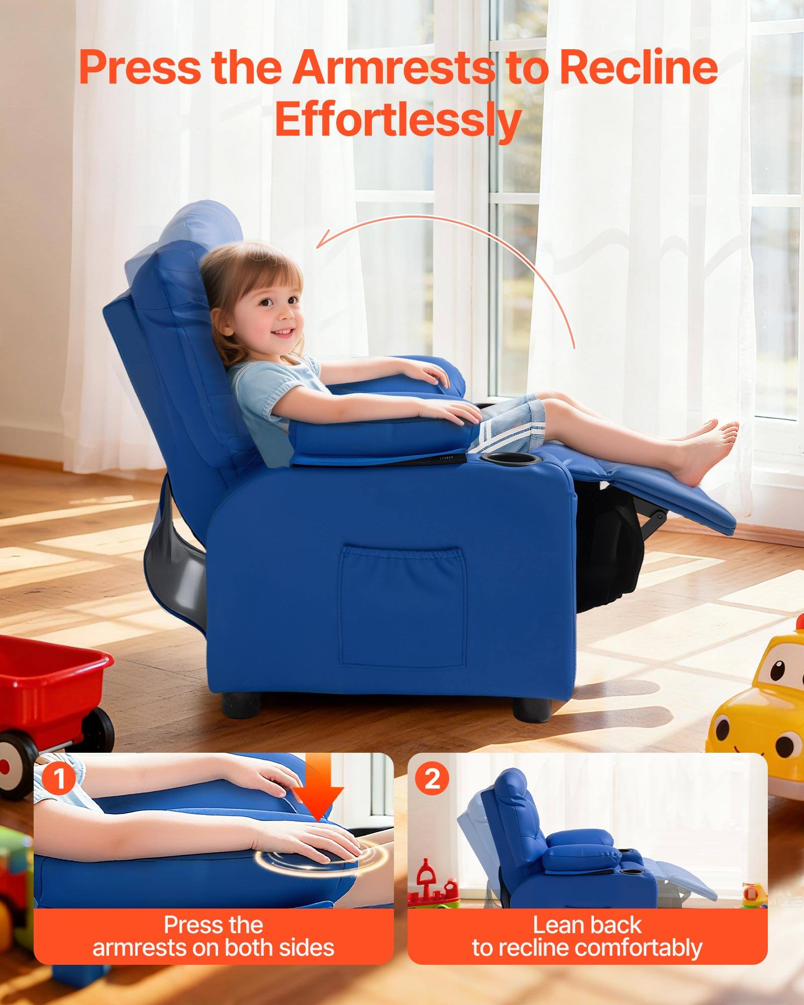 Press the Armrests to Recline Effortlessly

1. Press the armrests on both sides
2. Lean back to recline comfortably