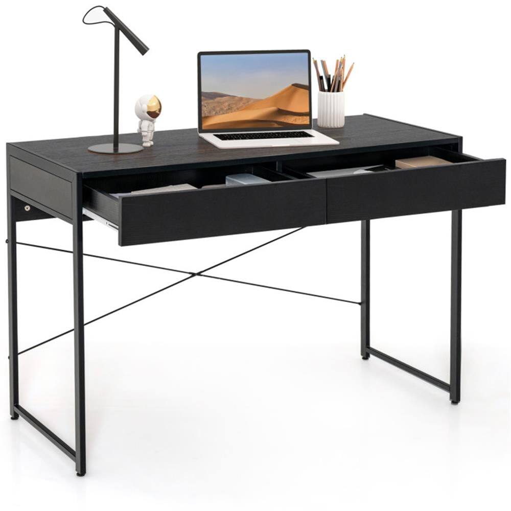 Angle. Pefilos - 2-Drawer Home Office Desk with Steel Frame, Small Home Computer Desk Study Writing Table, Black - Black.