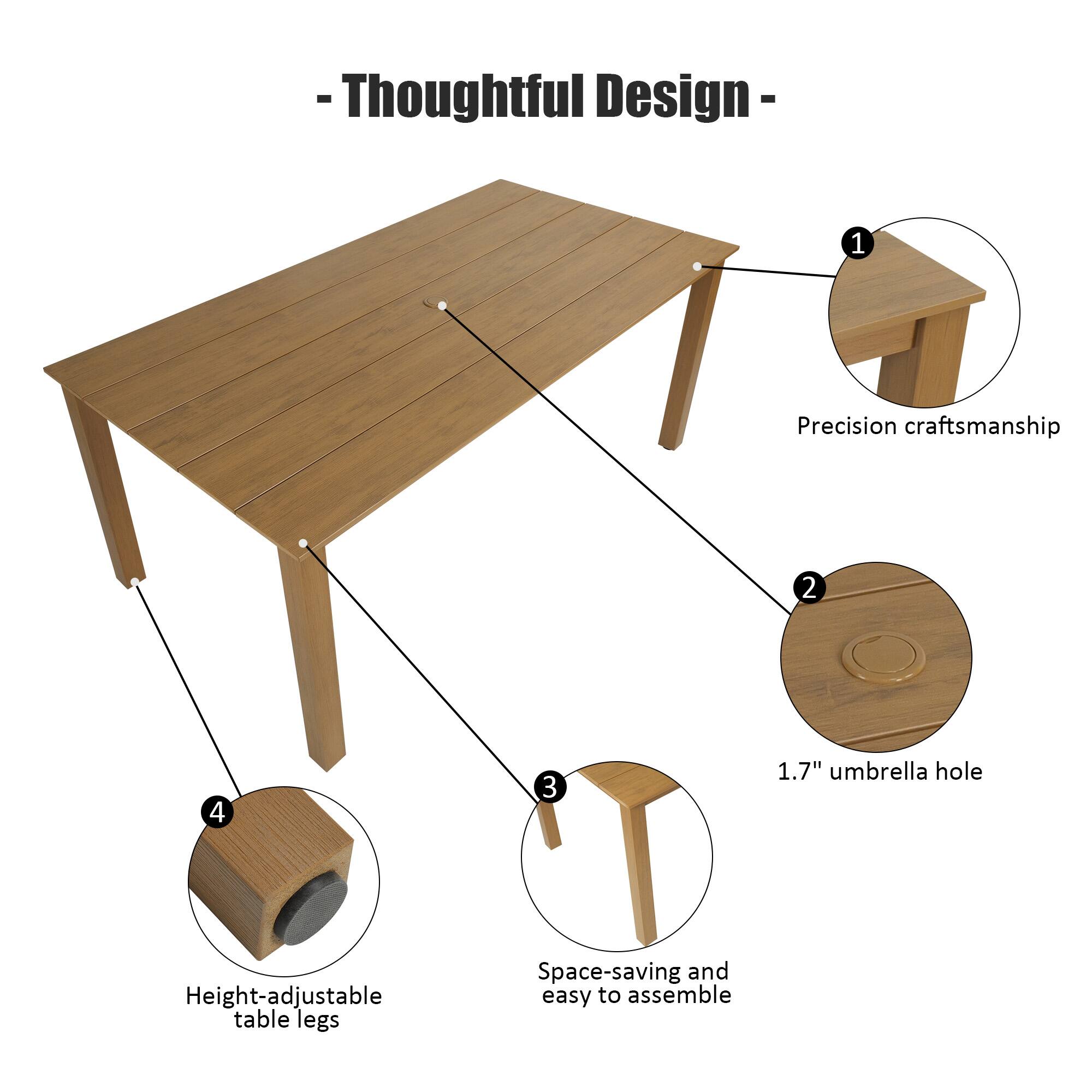 - Thoughtful Design -
1. Precision craftsmanship
2. 1.7" umbrella hole
3. Space-saving and easy to assemble
4. Height-adjustable table legs