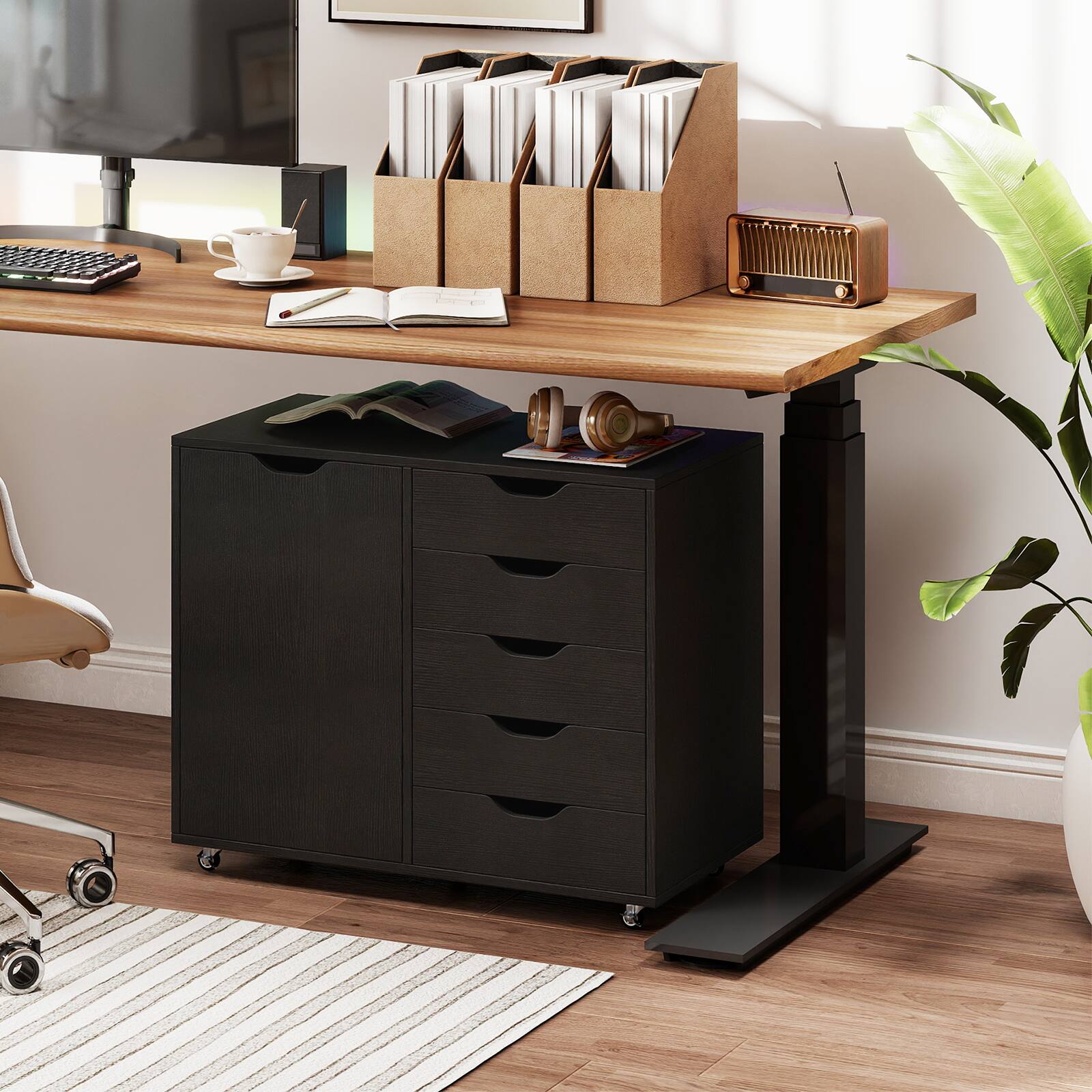 Alt View 3. Costway - Costway 5-Drawer File Cabinet with Door, Wheels and 5-Level Adjustable Shelf for Home - Black.