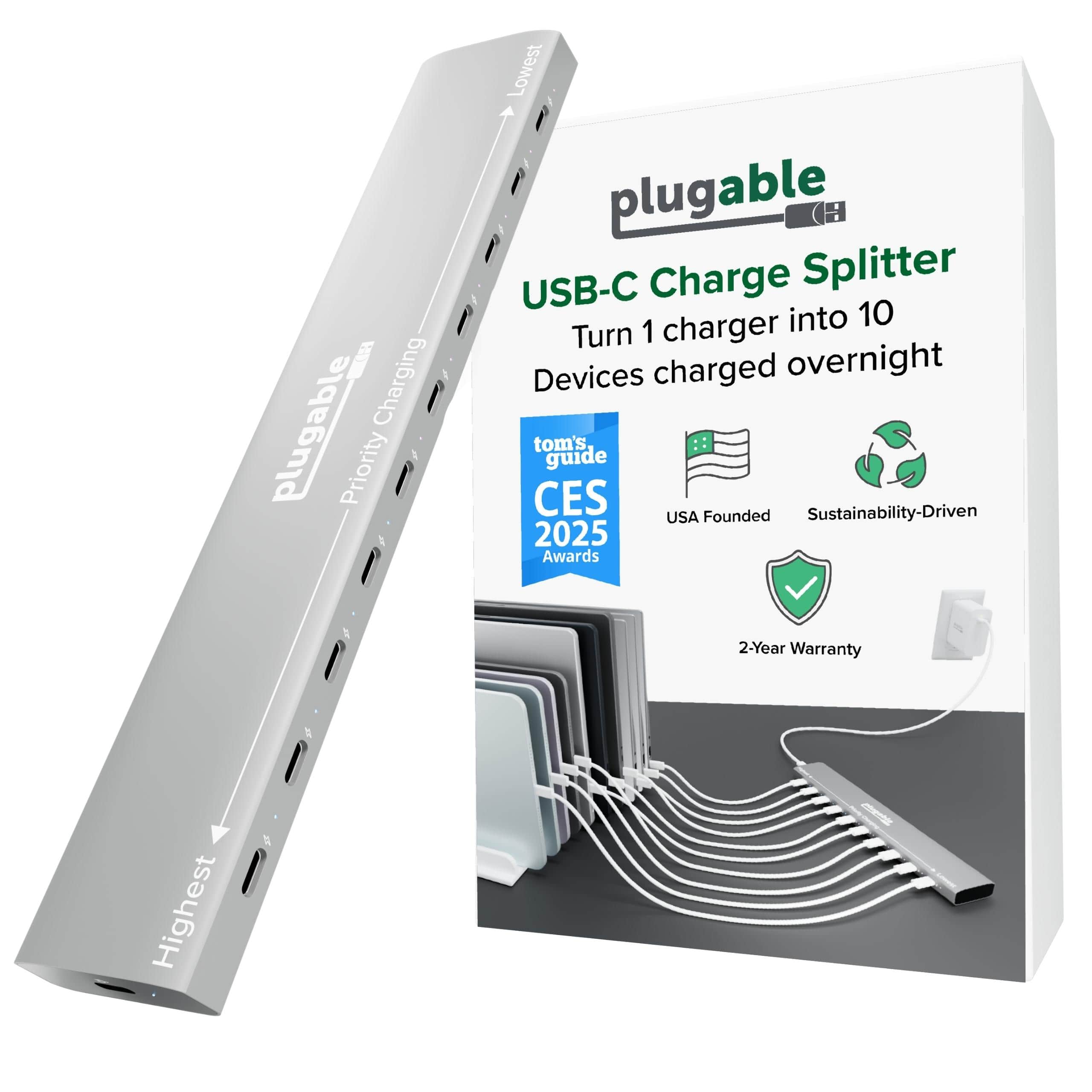 Plugable - 10-Port USB-C Charging Station, 100W PD Priority Charger Hub for Multiple Devices, Desktop Power for USB-C - Space Grey