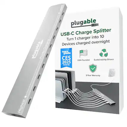 Plugable USB-C Charge Splitter
Turn 1 charger into 10
Devices charged overnight
- Highest
- Lowest
- Plugable
- Priority Charging
- tom's guide CES 2025 Awards
- USA Founded
- Sustainability-Driven
- 2-Year Warranty