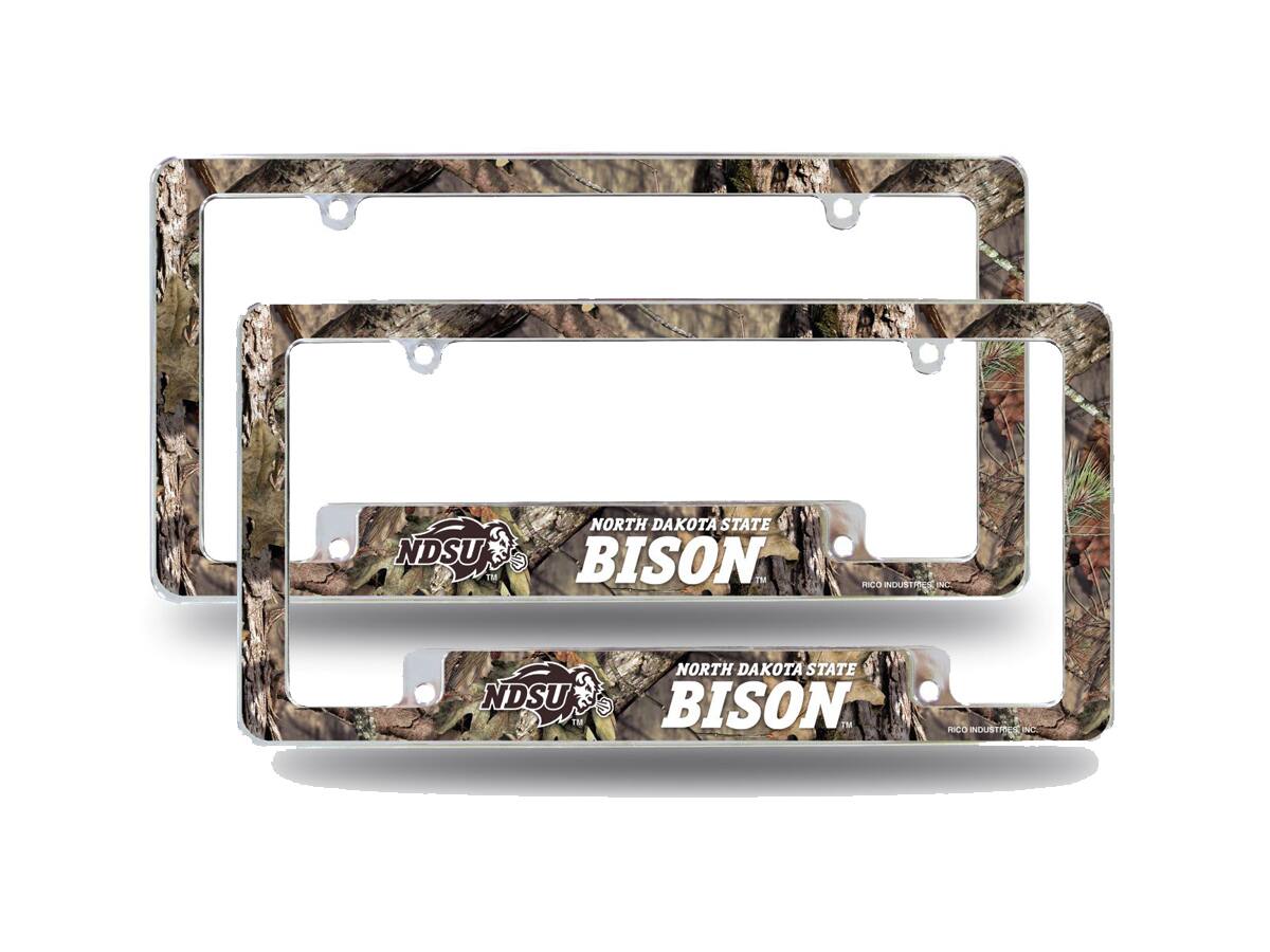 North Dakota State NDSU Bison Chrome Metal (Set of 2) License Plate Frames with Bold Mossy Oak Camouflaged Camo Design