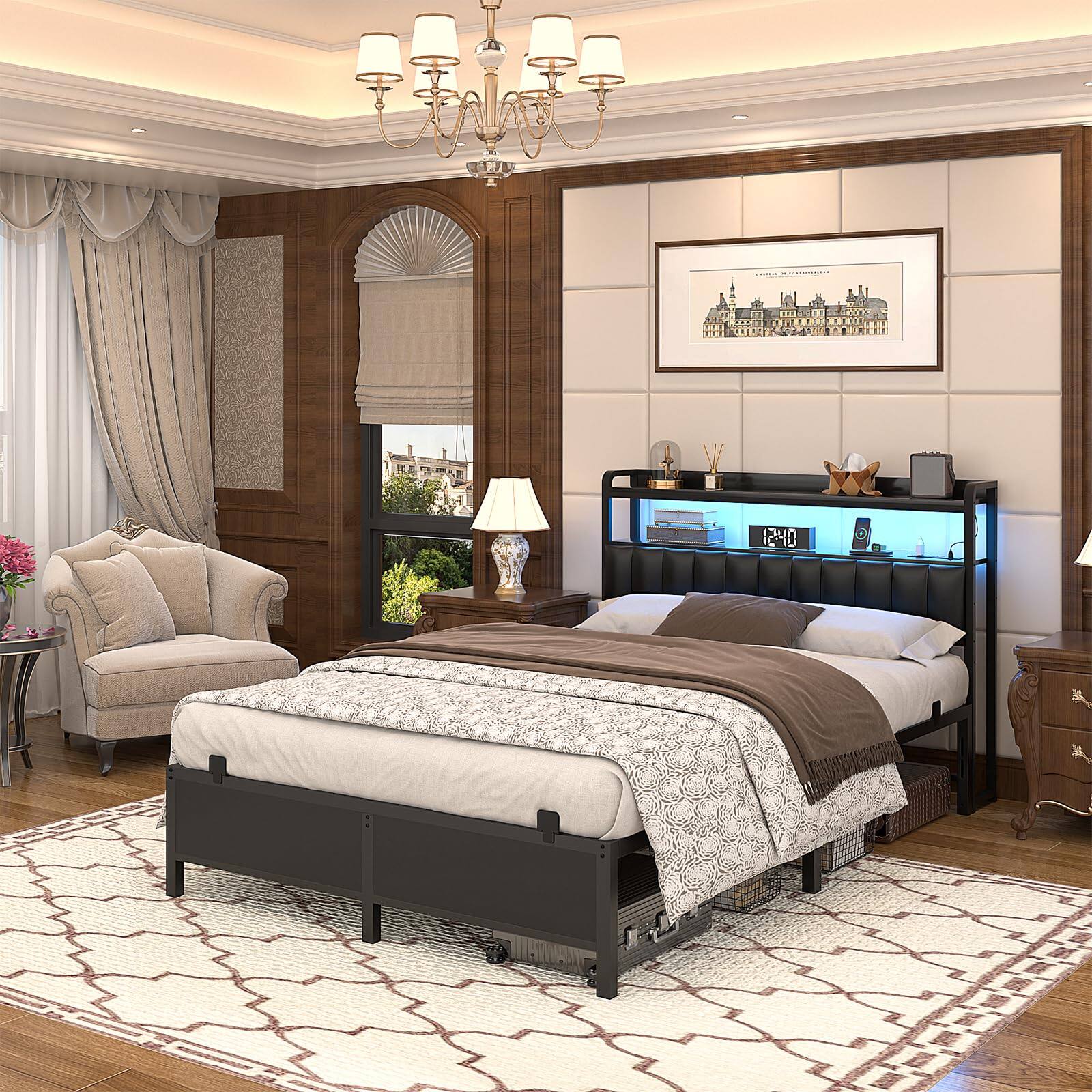 Left. Aheaplus - Upholstered Faux Leather Bed Frame: Charging Station, Adjustable Headboard, LED Lights & Steel Slat Support - Black.