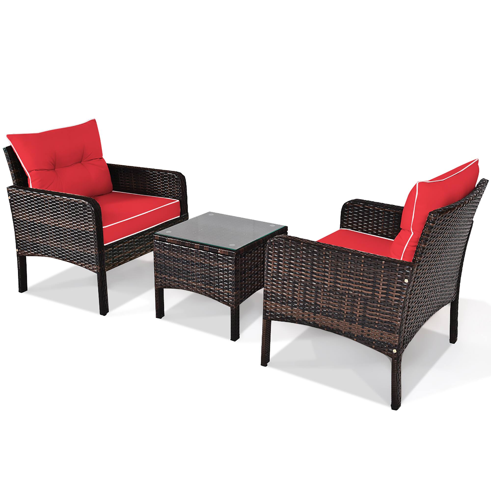 Back. Costway - 3PCS Outdoor Rattan Conversation Set Patio Furniture Cushioned Sofa Chair - Red.