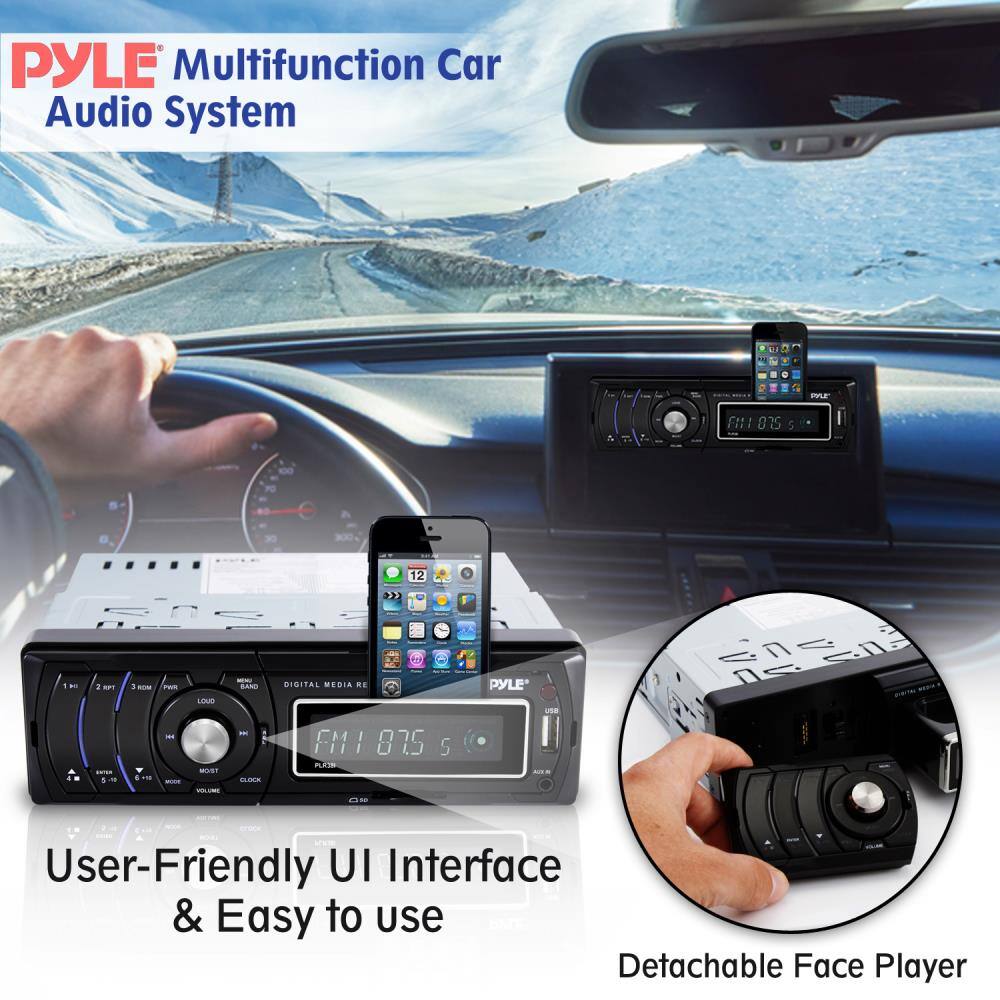 PYLE Multifunction Car Audio System FI1: 825 5 12 > 3 1. MFT A - OM LOUB - BAte BISITAL MEDIA.

PYLE i de - - -- - MUST - - B.000 FM1 875 5 PLITS

User-Friendly UI Interface & Easy to use Detachable Face Player