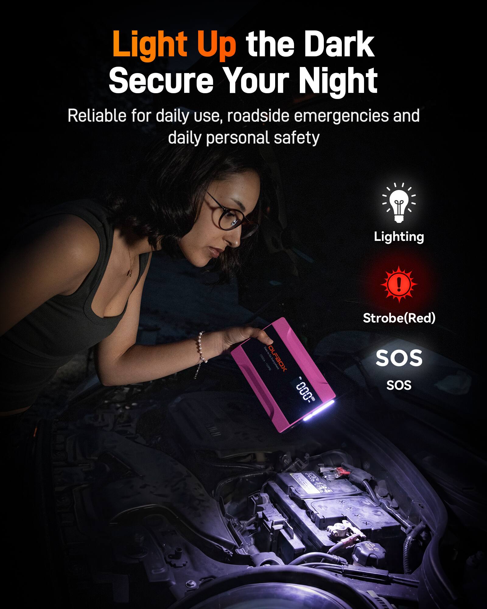 Light Up the Dark  
Secure Your Night  

Reliable for daily use, roadside emergencies and daily personal safety  

Lighting  
Strobe(Red)  
SOS  
SOS