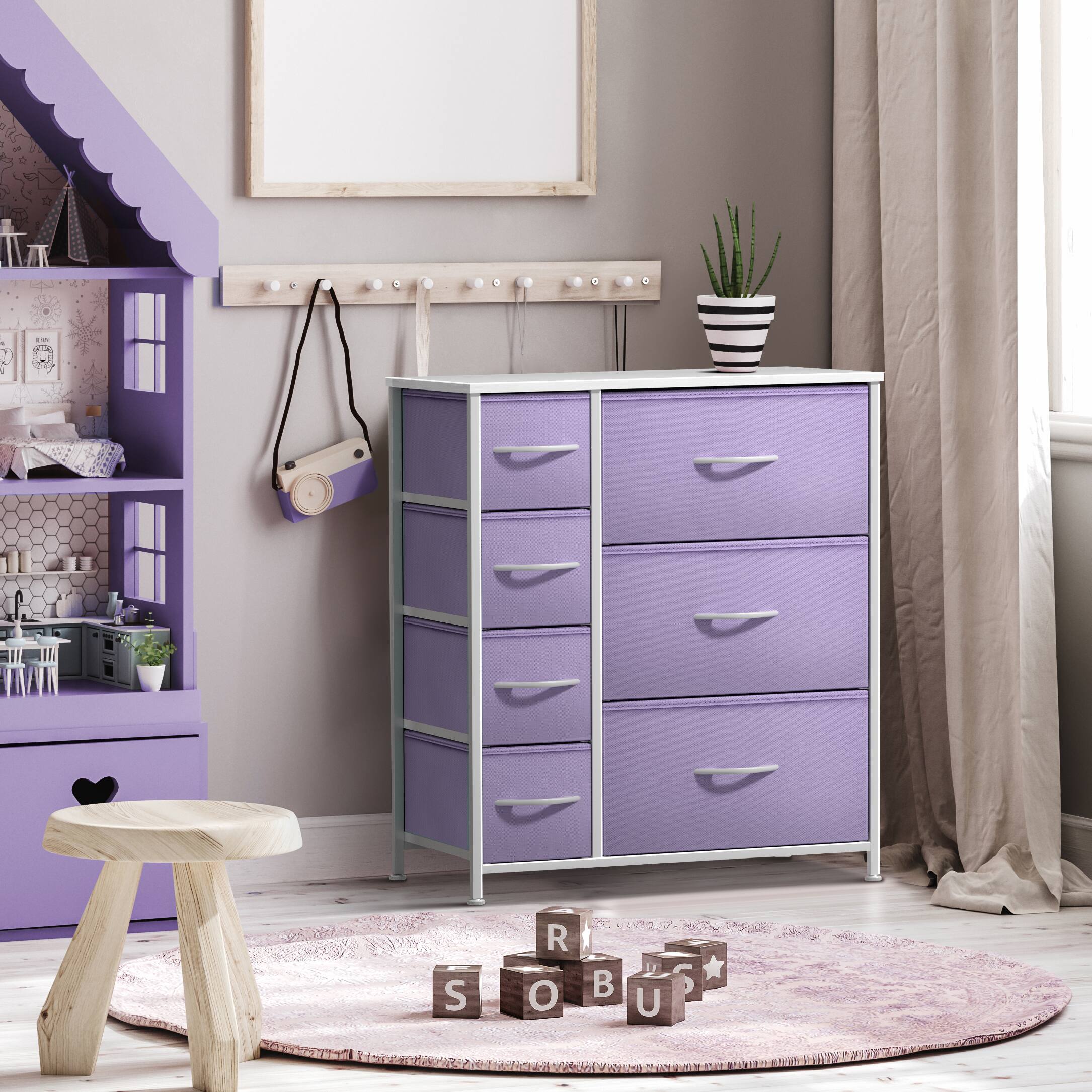 Angle. Sorbus - Sorbus Dresser with 7 Drawers - Storage Chest Organizer with Steel Frame, Wood Top, Handles, Fabric Bins - Purple.
