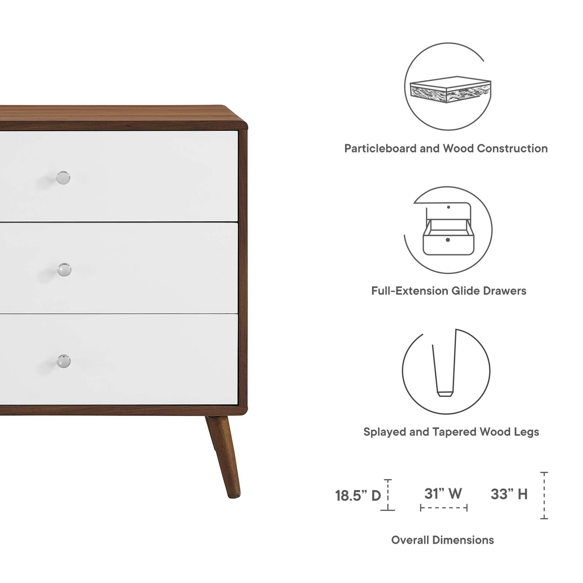 - Particleboard and Wood Construction
- Full-Extension Glide Drawers
- Splayed and Tapered Wood Legs
- Overall Dimensions: 18.5" D x 31" W x 33" H