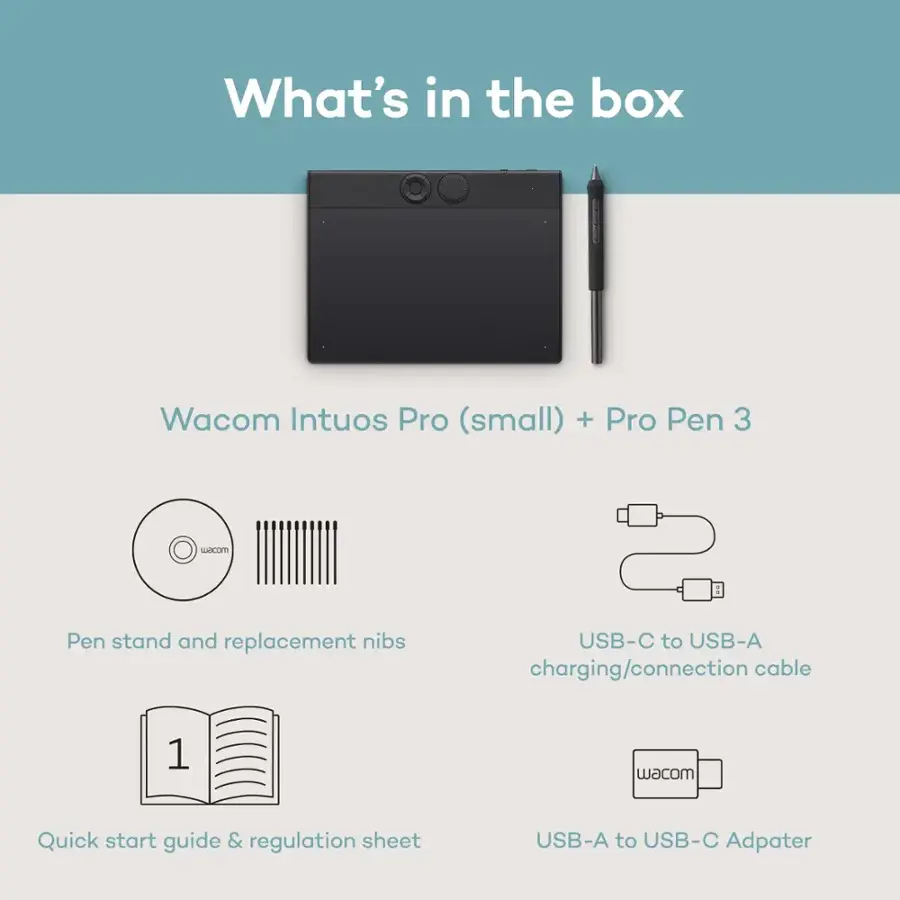 What's in the box: Wacom Intuos Pro (small) + Pro Pen 3, Pen stand and replacement nibs, USB-C to USB-A charging/connection cable, 1 Wacom Quick start guide & regulation sheet, USB-A to USB-C Adpater.