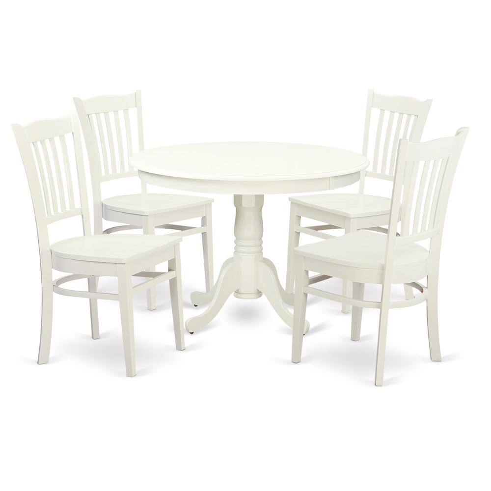 Left. East West Furniture - 5 Pc set with a Round Kitchen Table and 4 Wood Dinette Chairs in Linen White - Linen White.
