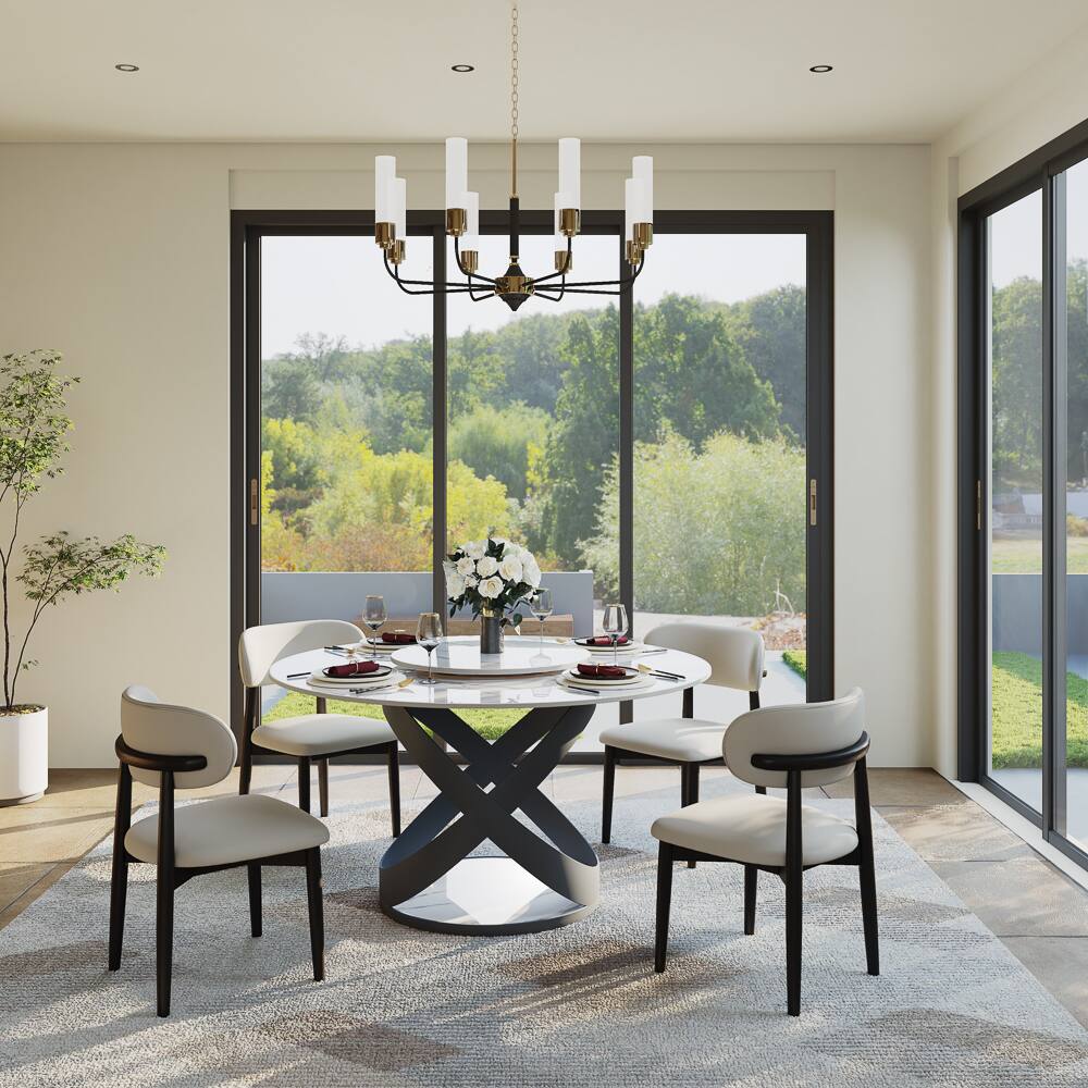 Left. POVISON - 51" Modern Glossy Dining Table for 4 with Lazy Susan, White Round Sintered Stone Tabletop, Black X Carbon Steel Base - White Glossy Sintered Stone with Black.