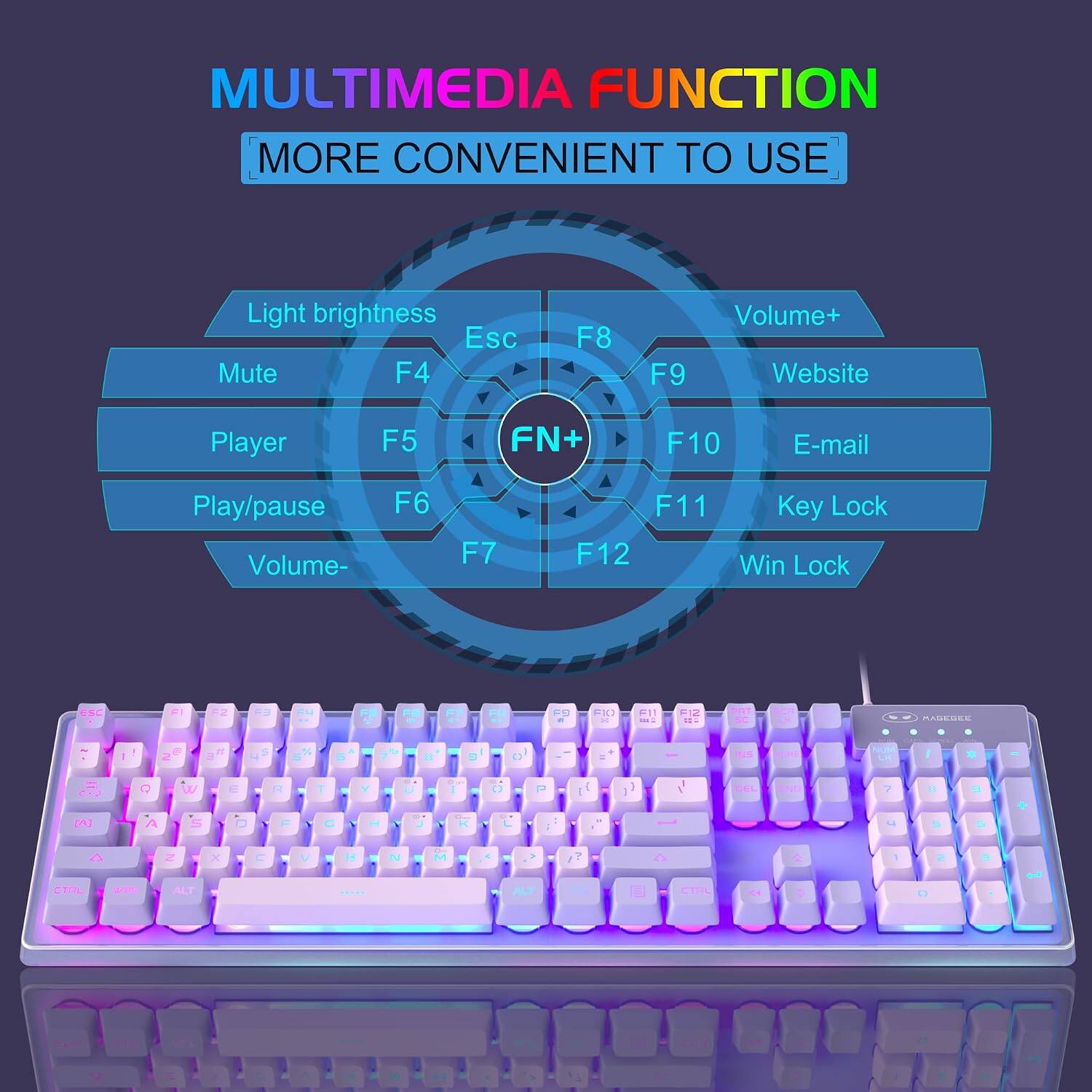 MULTIMEDIA FUNCTION MORE CONVENIENT TO USE

Light brightness Esc F4
F8
F9
Volume+ Website
Player
F5
FN+
F10
E-mail
Play/pause Volume-
F6
F7
F11 F12
Key Lock Win Lock
ESC
F1
F2
F7
F9
F10
F11
F12
SC
MASEDEE
I
2
A
9
0
INS
O
W
E
Y
Our
0
P
2
a
[A]
A
5
D
F
C
L
4
9
6
Z
X
C
V
S
M
|
2
CTRL
WIN
ALT
ALT
CTRL