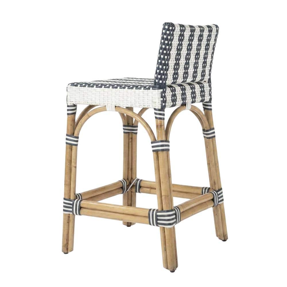 Butler Specialty - Serienna Rectangular Rattan Low Back 24.5" Counter Stool - White And Navy Stripe