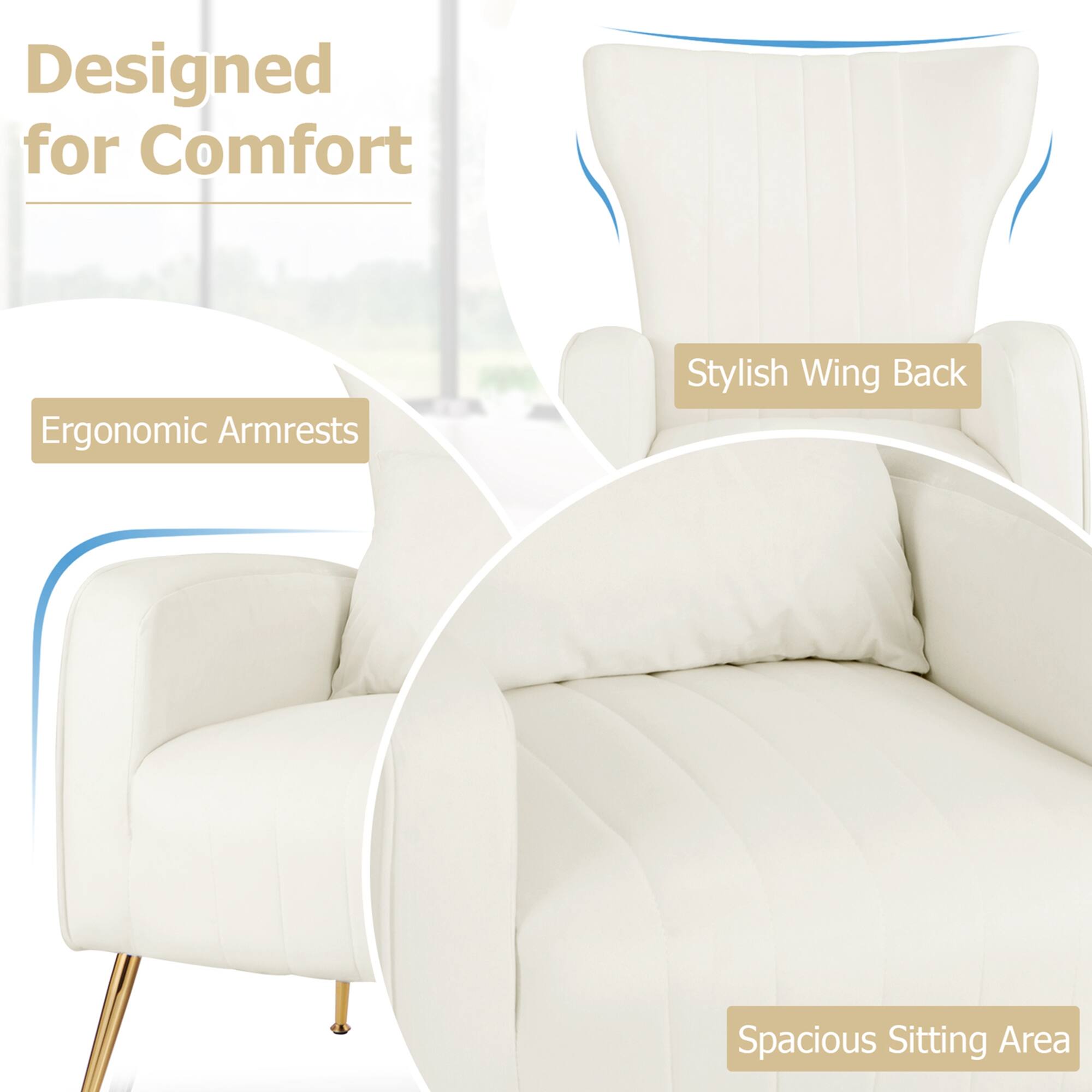 Designed for Comfort Ergonomic Armrests Stylish Wing Back Spacious Sitting Area