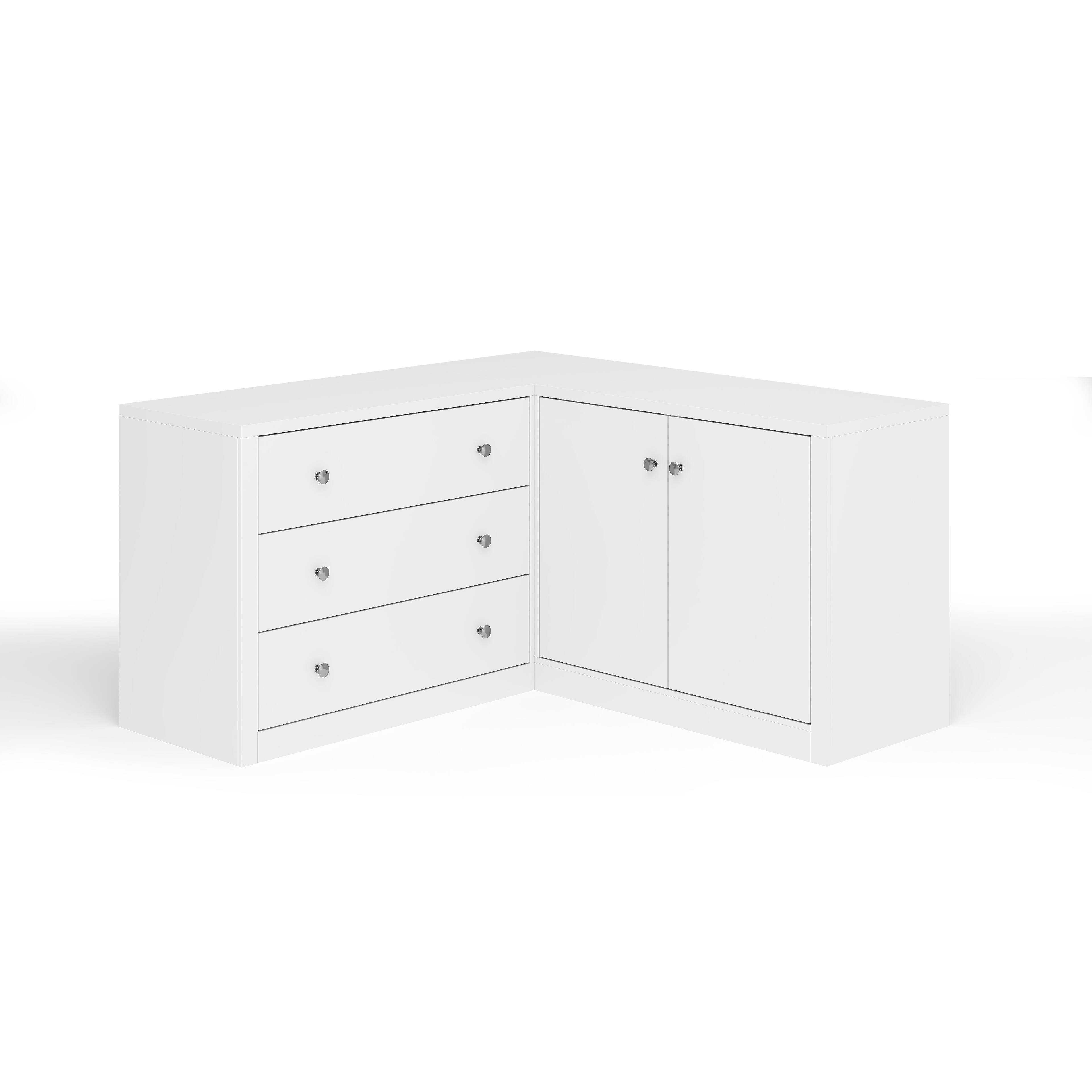 Back. Famapy - L-Shaped Corner Dresser with 3 Drawers & 2-Door Cabinet, Space-Saving Storage Organizer for Bedroom - White.