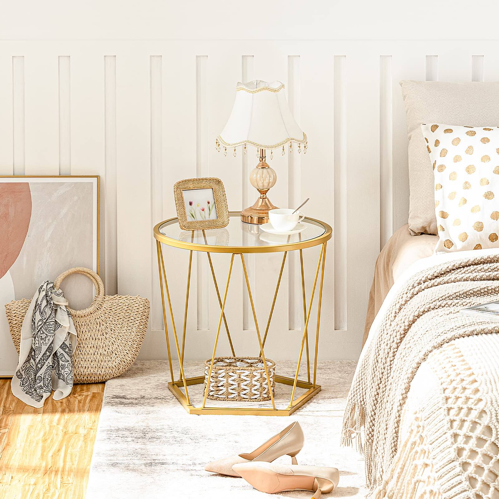 Alt View 2. JETRANSPORT - Small Coffee Table Set Of 2  Round End With Metal Frame Glass Tabletop Side For Living Room Bedroom And Balcon - Default.