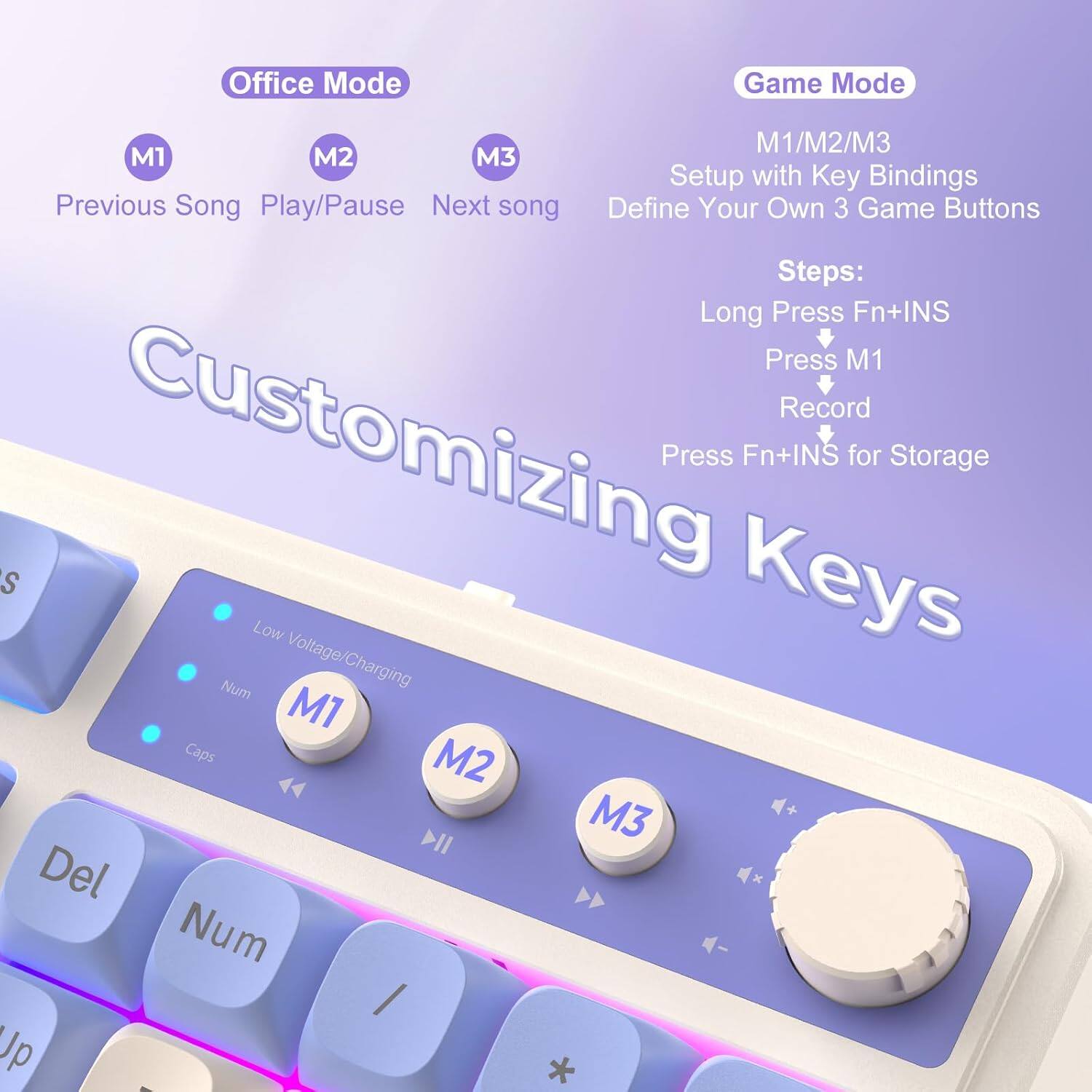 Office Mode: M1 - Previous Song, M2 - Play/Pause, M3 - Next Song

Game Mode: M1/M2/M3 - Setup with Key Bindings, Define Your Own 3 Game Buttons

Steps:
- Long Press Fn+INS
- Press M1 to Record
- Press Fn+INS for Storage

Customizing Keys:
- M1: Low Voltage/Charging
- M2: Caps
- M3: Del Num / Up