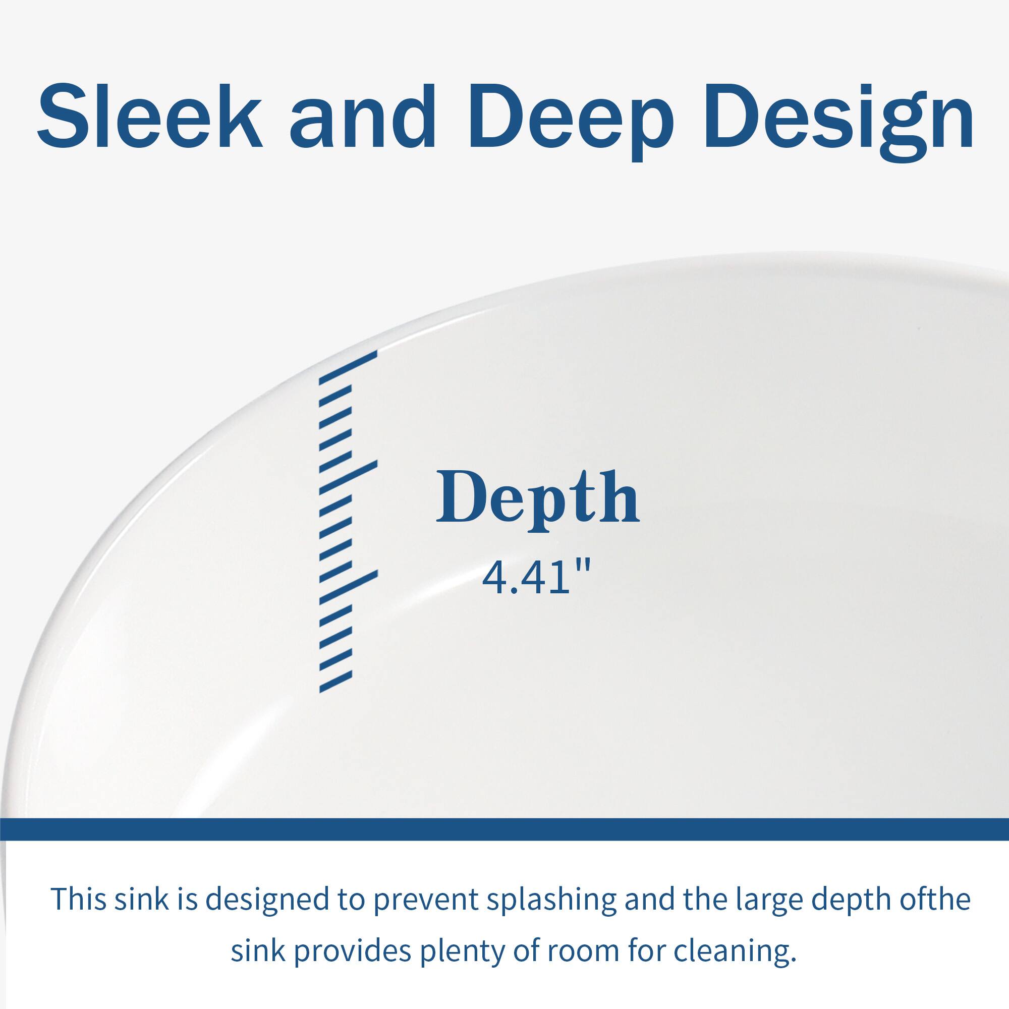 Sleek and Deep Design

Depth 4.41"

This sink is designed to prevent splashing and the large depth of the sink provides plenty of room for cleaning.