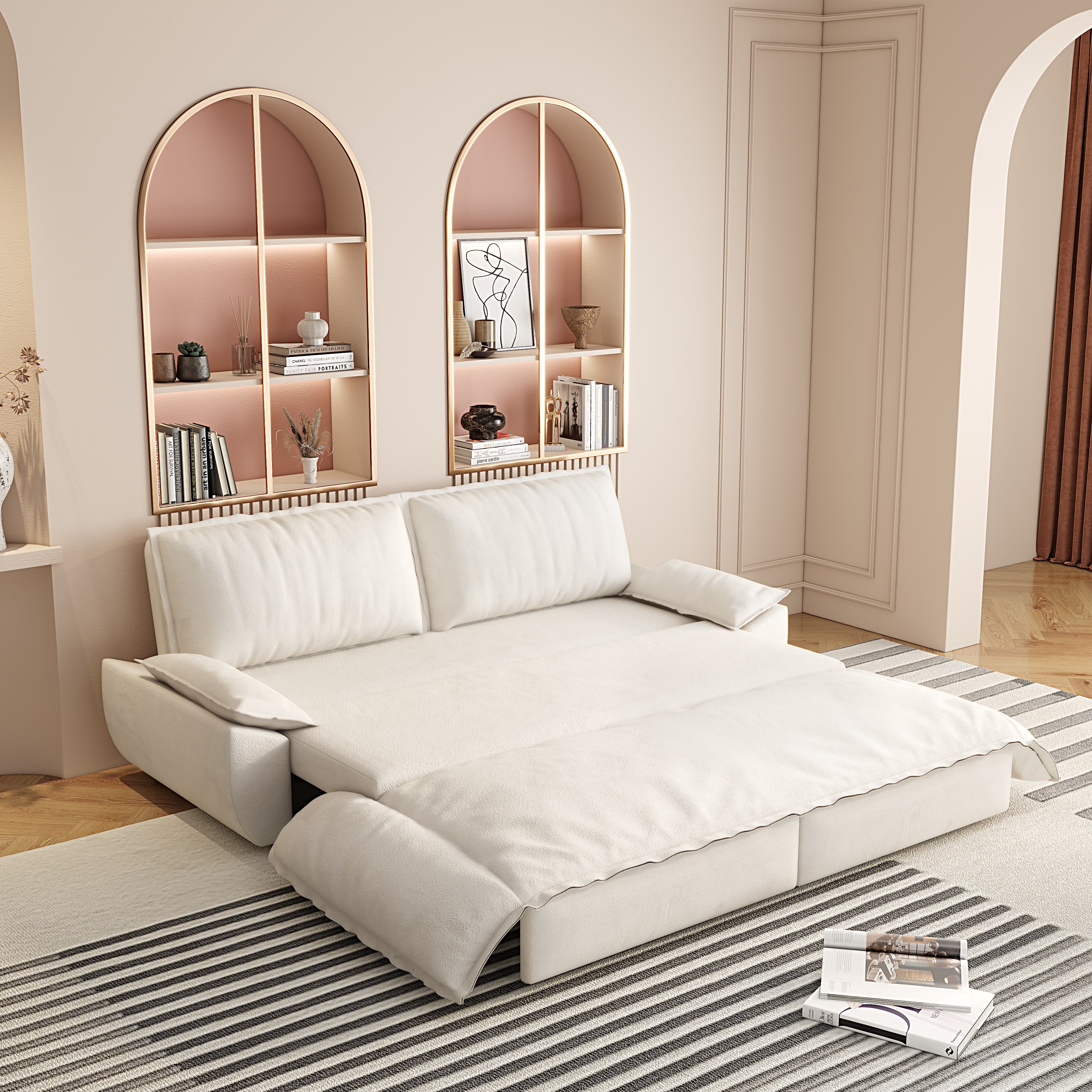 Angle. Anysun - 73.2" 3-in-1 Velvet Convertible Sleeper Sofa Bed - Queen Pull-Out Loveseat - White.