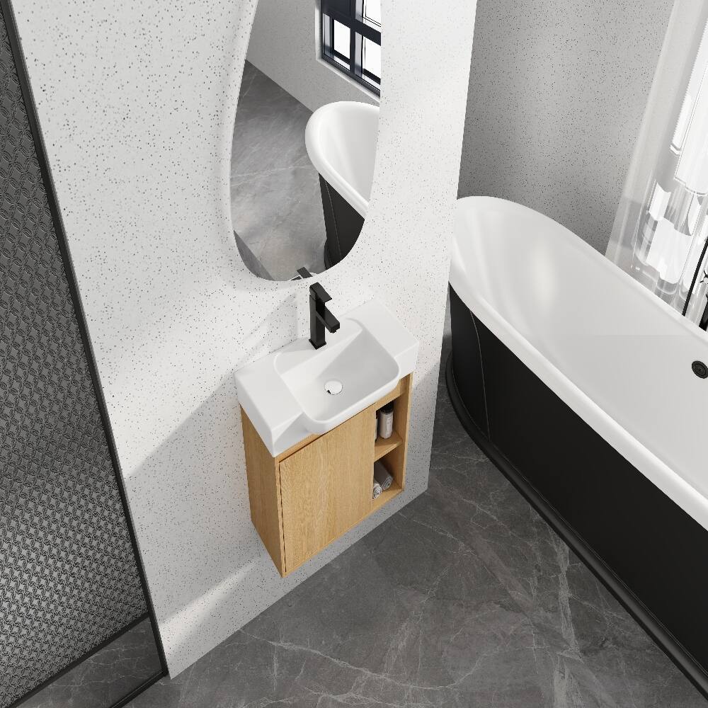 Alt View 3. Loheer - Loheer 24 inch wall mounted bathroom vanity Light Oak Floating Vanity with White Ceramic Sink - Light Oak.