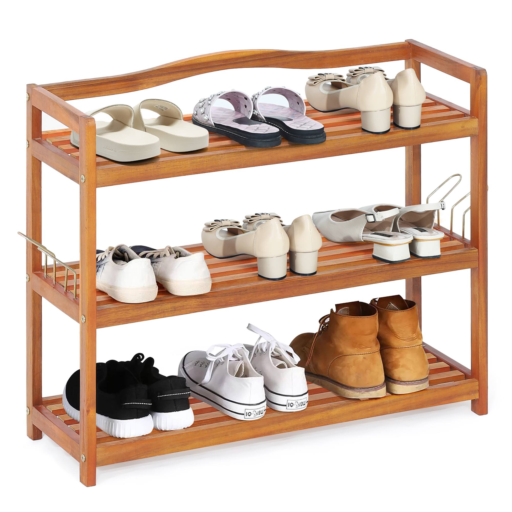 Alt View 14. Costway - 3-Tier  Wood Shoe Rack Solid Acacia Wood Shoe Shelf with Side Metal Hooks - Reddish Brown.