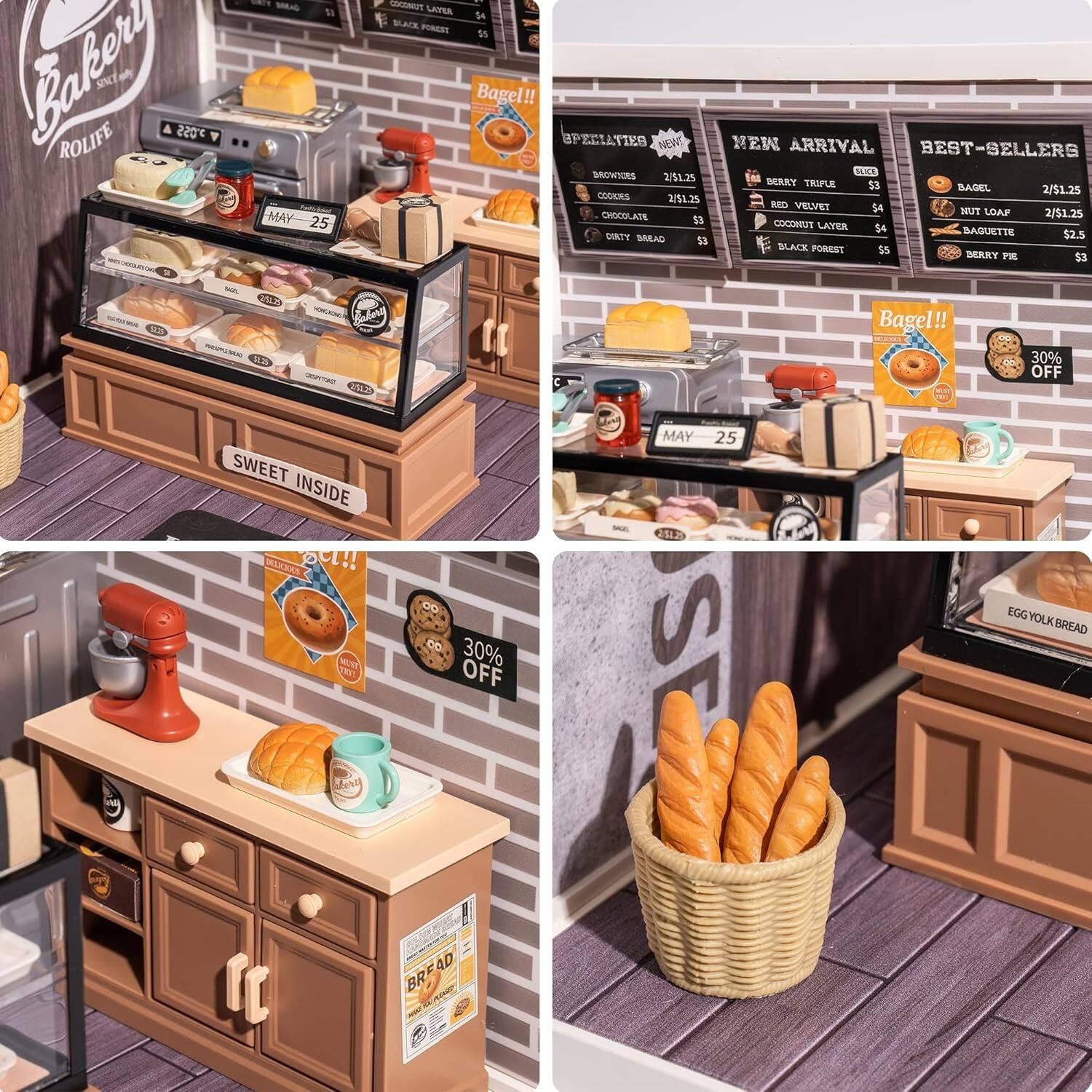 Sure, here is the corrected and grouped text from the image:

---

**Bakery ROLIFE**

**SPECIALTIES**
- BROWNIES 2/$1.25
- CHOCOLATE 53
- COOKIES 2/$1.25
- DIRTY BREAD 53

**NEW ARRIVAL**
- BERRY TRIFLE 3
- RED VELVET 54
- COCONUT LAYER 54
- BLACK FOREST 55

**BEST-SELLERS**
- BAGEL 2/$1.25
- NUT LOAF 2/$1.25
- BERRY PIE 3

**Bagel!!**
- 30% OFF

**MAY 25**

**SWEET INSIDE**

**Egg Yolk Bread**

**30% OFF**

**BREAD**

---

This text is organized to reflect the layout and content of the bakery display in the image.
