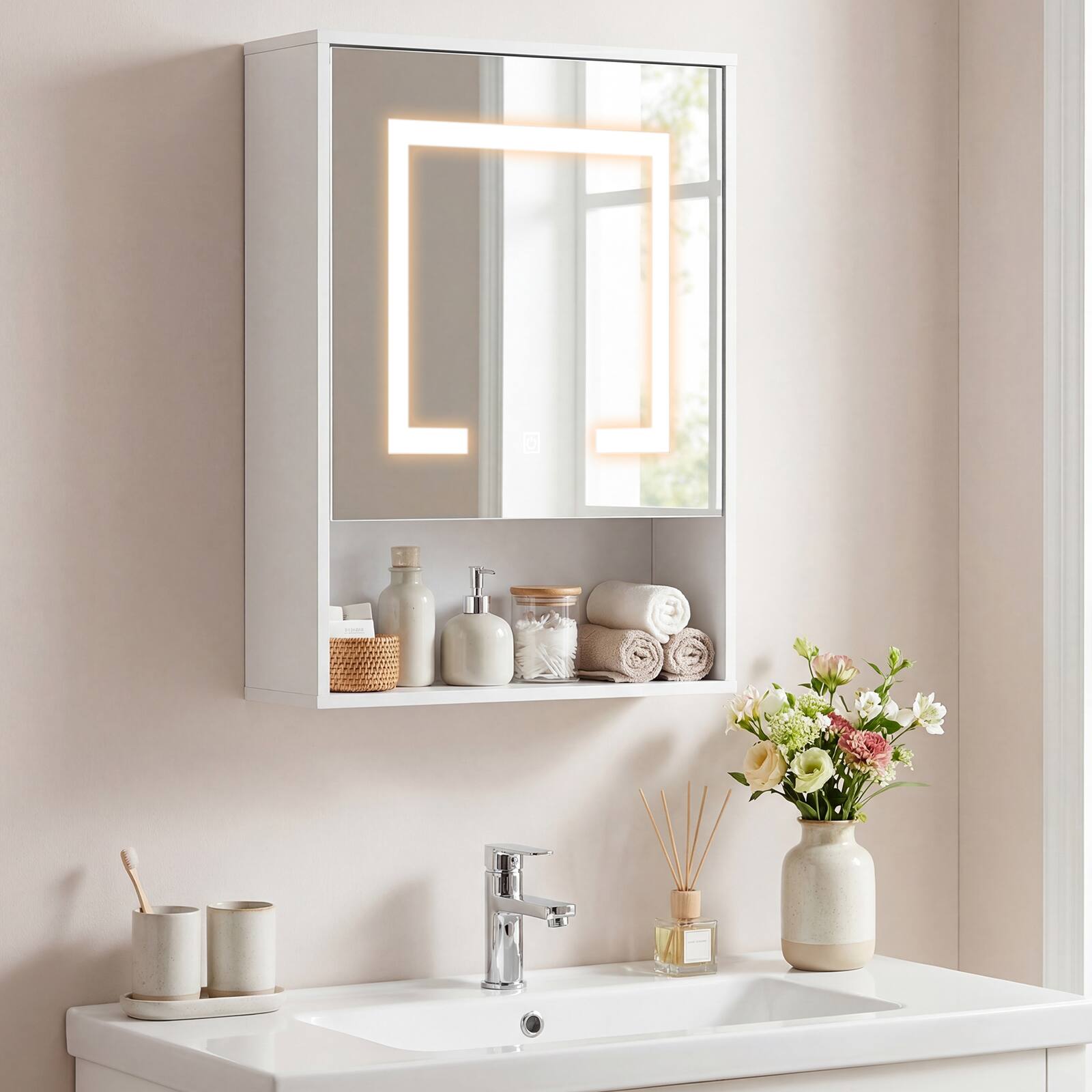 Alt View 3. Costway - Costway 24" x 18" Medicine Cabinet with Mirror Lights Adjustable Shelf Lighted Wall Cabinet - White.