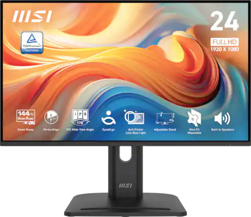MSI TUVRheinland CERTIFIED
24 FULL HD 1920 X 1080
144Hz Game Ready
P S 178
Game Ready
PerfectEdge
IPS Wide View Angle
EyesErgo
Anti-Flicker Less Blue Light
Adjustable Stand
Mini-PC Mountable
Built-in Speakers