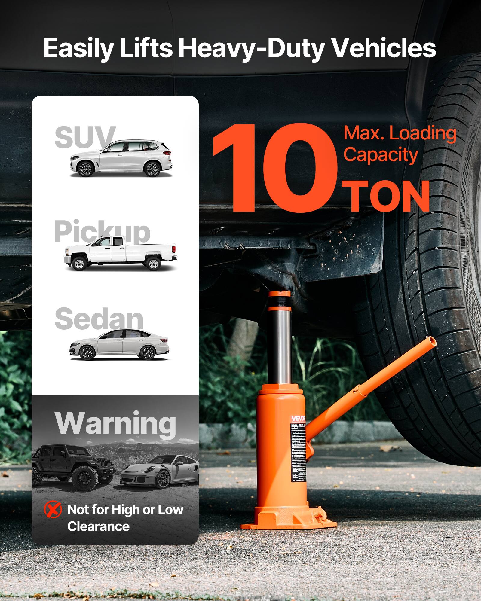 Easily Lifts Heavy-Duty Vehicles  
SUV  
Pickup  
Sedan  

Max. Loading Capacity 10 TON  

Warning  
Not for High or Low Clearance