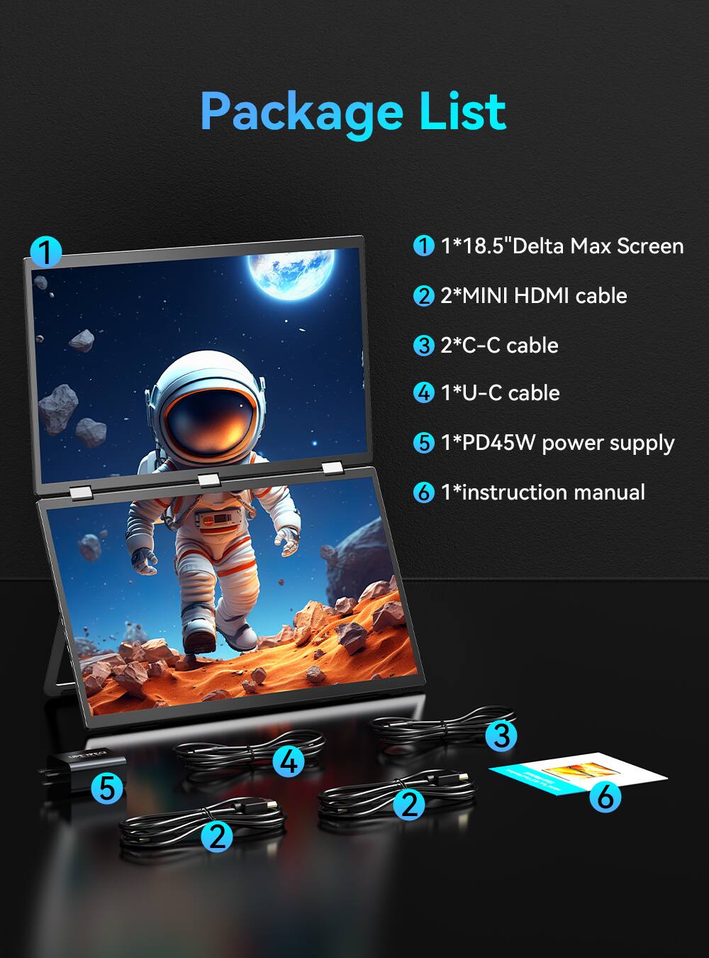 Package List

1. 1*18.5" Delta Max Screen
2. 2*MINI HDMI cable
3. 2*C-C cable
4. 1*U-C cable
5. 1*PD45W power supply
6. 1*instruction manual