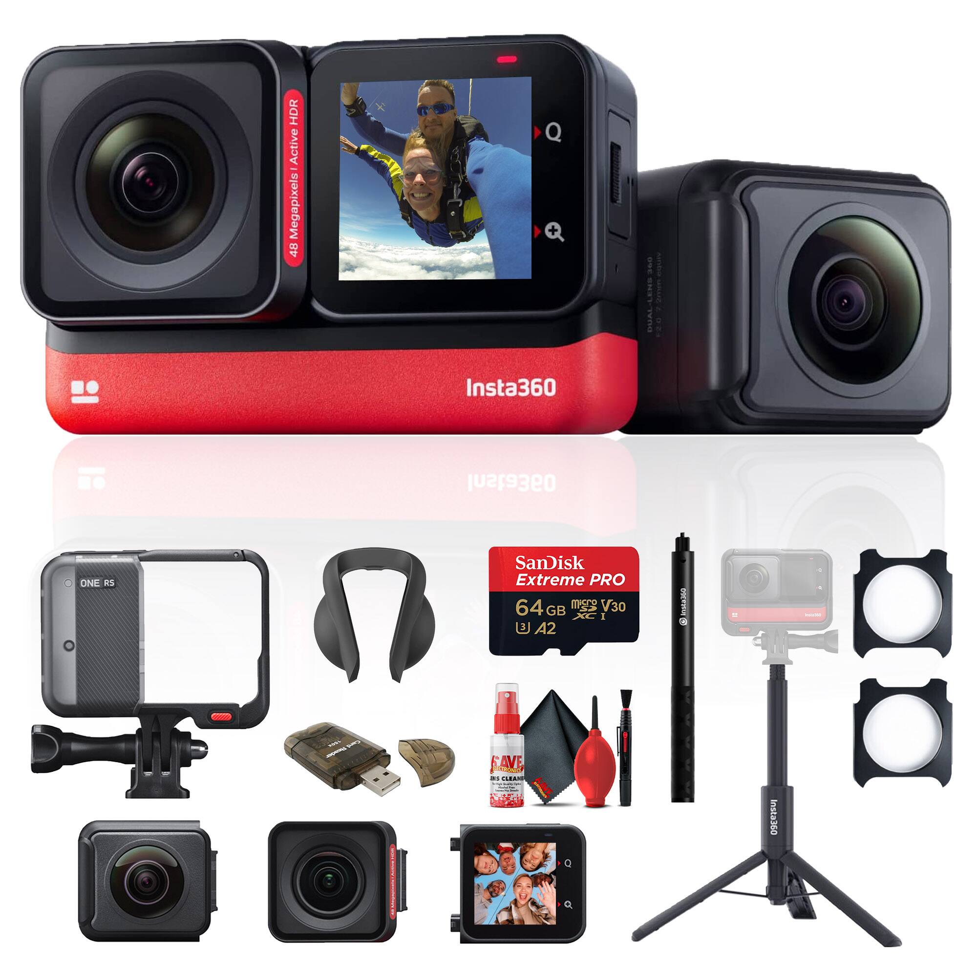 Insta360 - ONE RS Twin Edition + Selfie Stick + Lens Guard + 64GB Card Pro Bundle