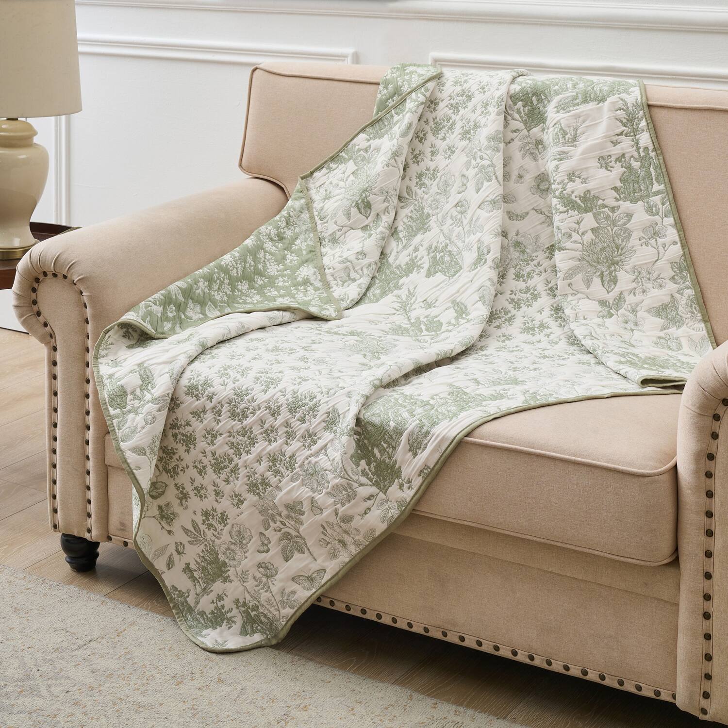 Left. Greenland Home Fashions - Greenland Home Fashion Toile Patch 100% Jacquard Woven Polyester Reversible Accessory Throw Blanket 50" x 60" Sage - Sage.